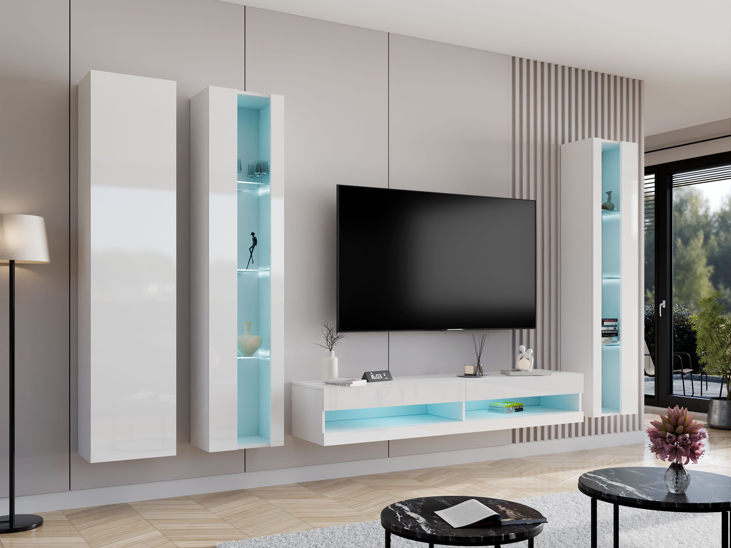 MIRJAN24 Wohnwand Vigo New VI, (3x Vitrine, TV-Lowboard), Beleuchtung als Option, grifflosem Öffnen "push to open"