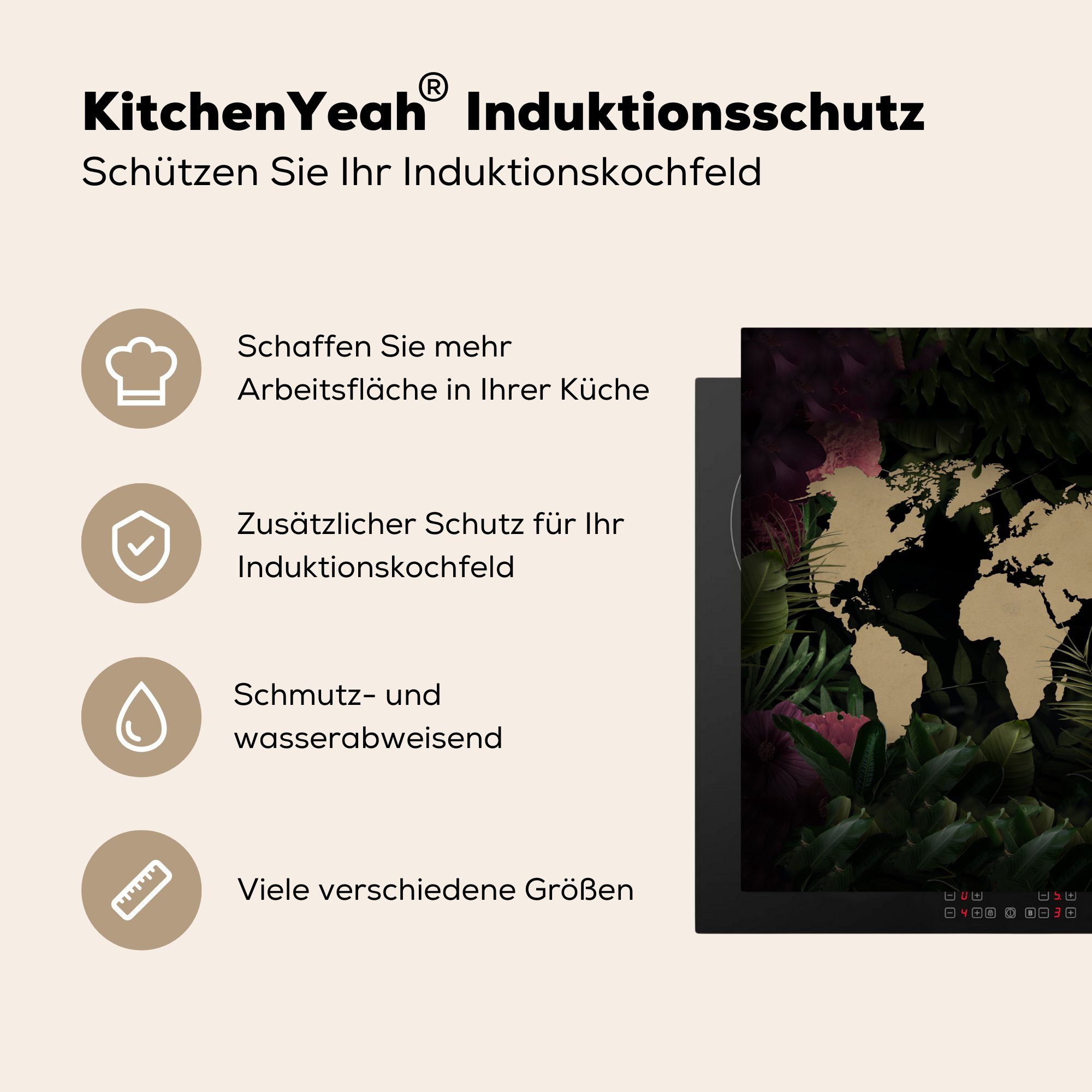 Herdblende-/Abdeckplatte tlg), Braun Ceranfeldabdeckung, Blätter, (1 Weltkarte Arbeitsplatte - küche - für Vinyl, cm, 78x78 MuchoWow