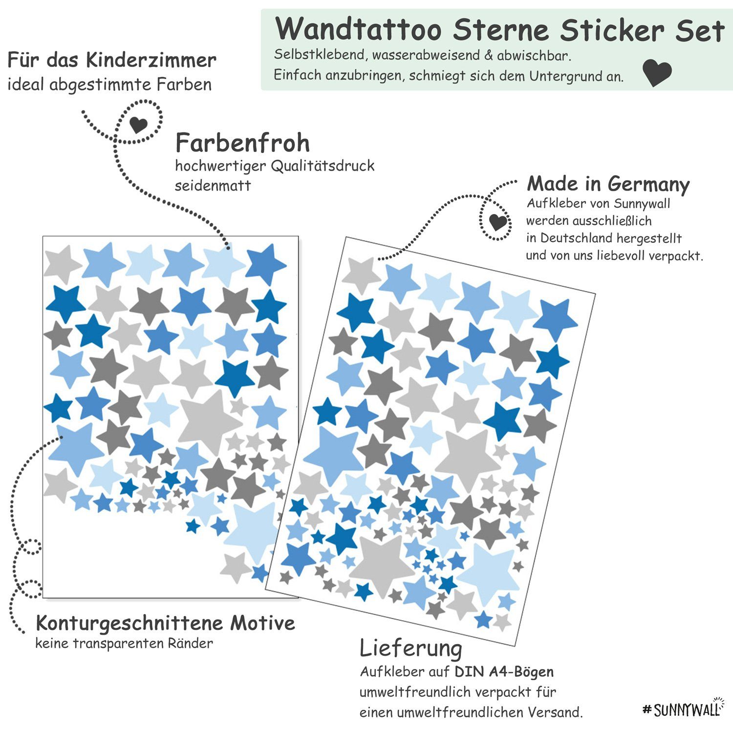 Sunnywall Wandtattoo Sterne Aufkleber Stars Wandsticker bunt, Sternenhimmel Wandtattoo, konturgeschnitten