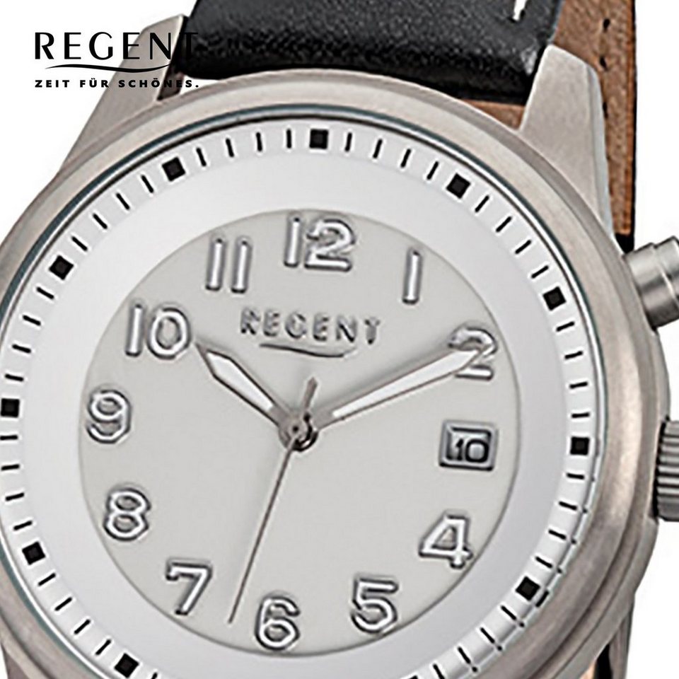 Ziffernblattbeleuchtung Armbanduhr Herren Regent Regent Lederarmband, rund, 41mm), Quarzuhr Herren-Armbanduhr groß (ca. schwarz Analog,