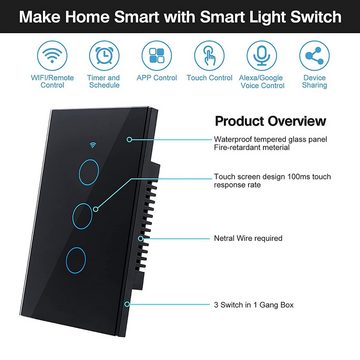 Cbei Smarter Touch Lichtschalter,Lichtschalter Touch Wandschalter 3-Weg Smarter Lichtschalter