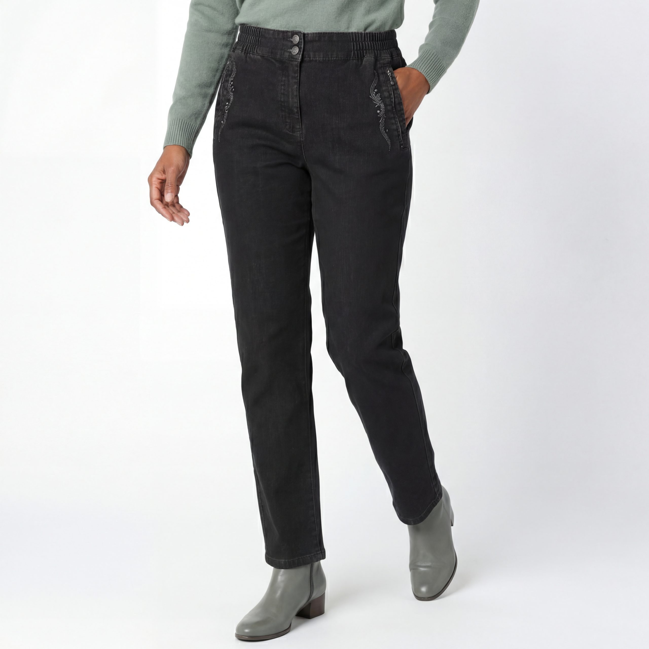 Aurela Damenmode Straight-Jeans Stretch Jeans Damen Schlupfhose Kurzgröße Jeanshose Denim mit Gummizug, Größe 36 bis 54