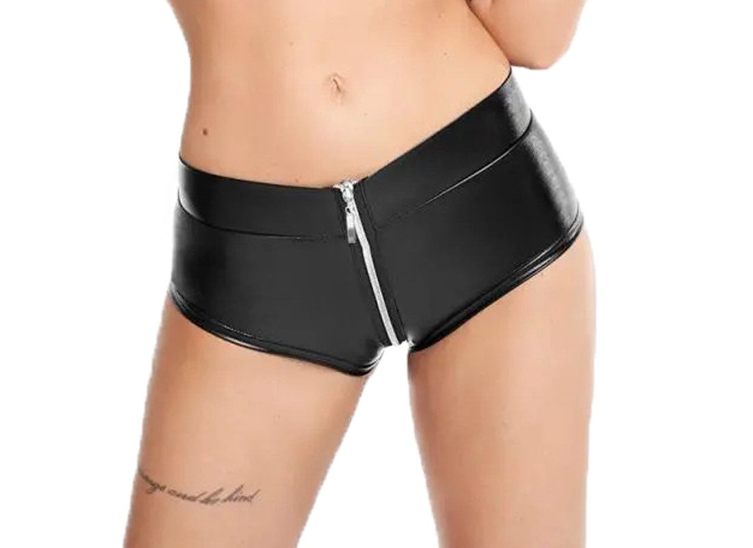 7Heaven Hotpants Schwarze Wetlook Shorts mit Reißverschluss Pantys skinny kurze Damen