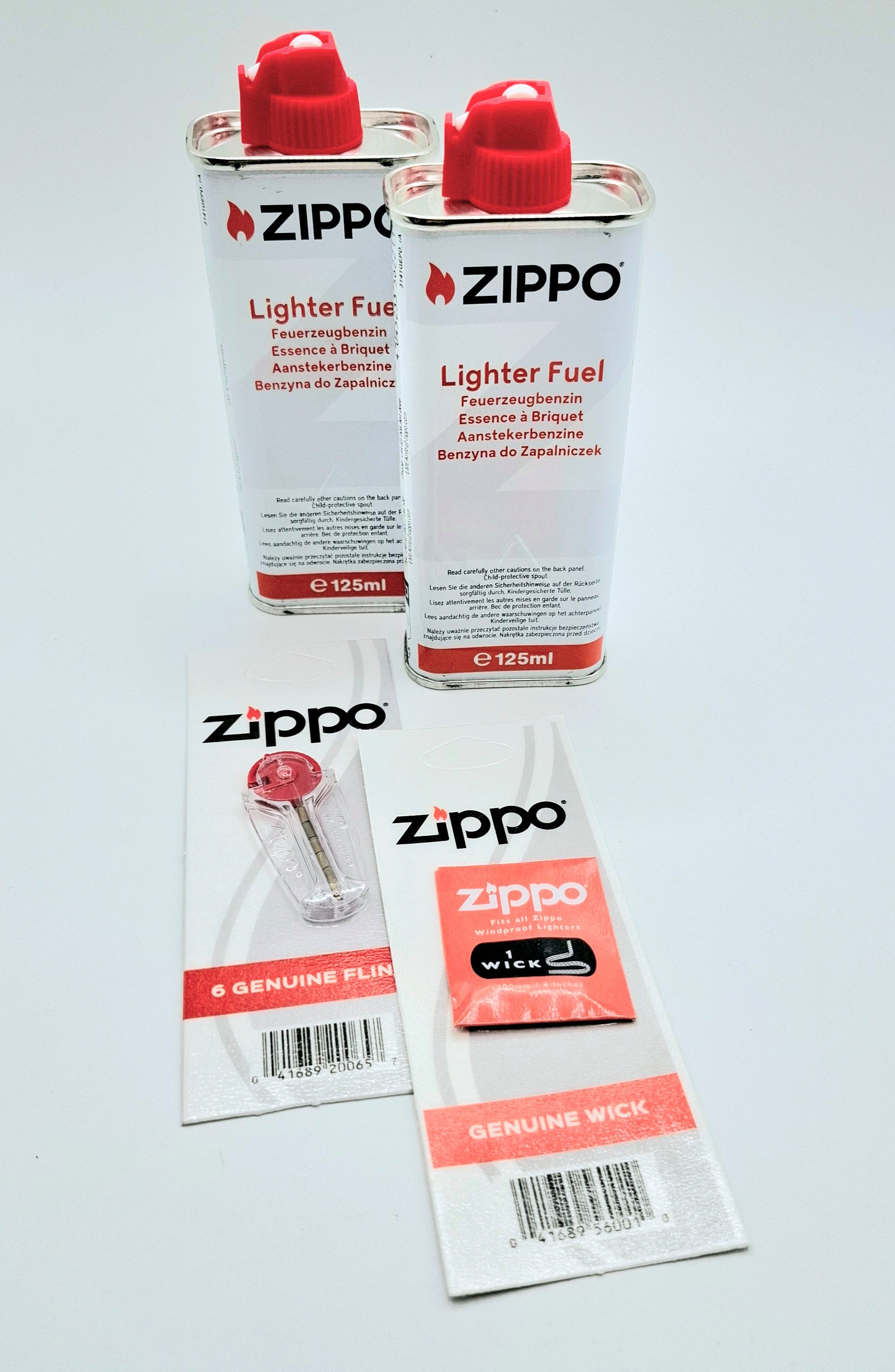 Zippo Feuerzeug Original Zubehör Set 2x Benzin 125ml 1x 6er Feuersteine 1x Docht (4-St), das Original für dein Zippo Sturmfeuerzeug