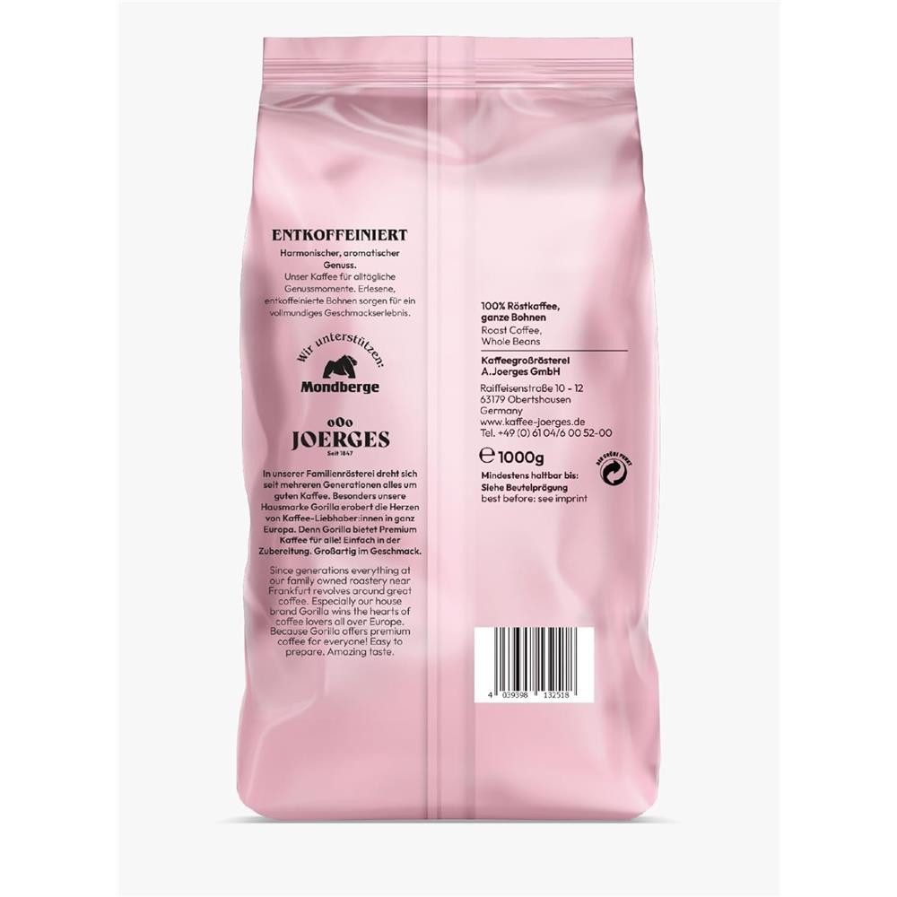 Gorilla Kaffee Joerges Kaffee Entkoffeiniert 3x1kg Bohnen Kaffeebohnen, 3 x 1000 g, Intensität von 5/10