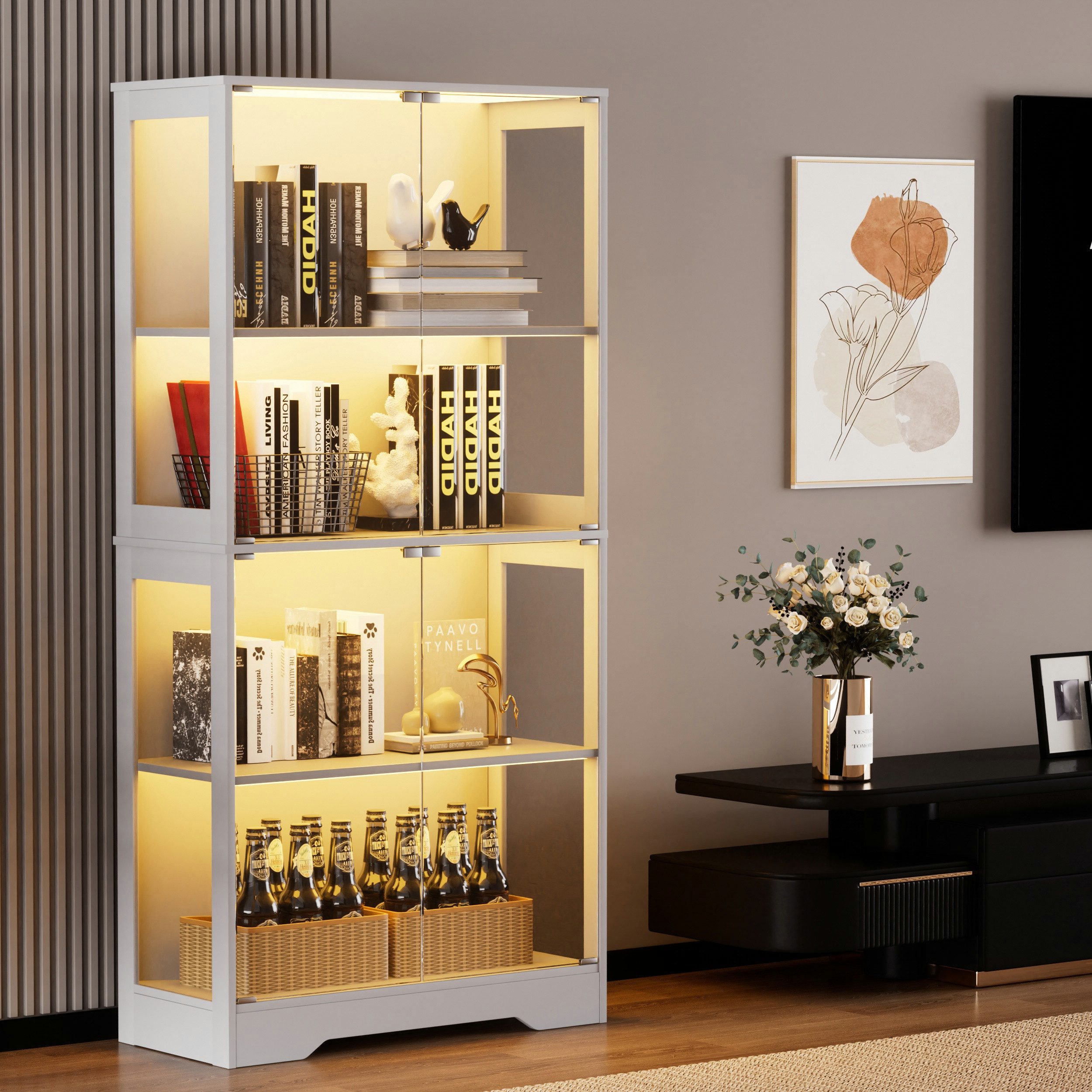 STILVORA Vitrine mit Glastüren&LED,Hochschrank Standvitrine Hochglanz mit Stauraum