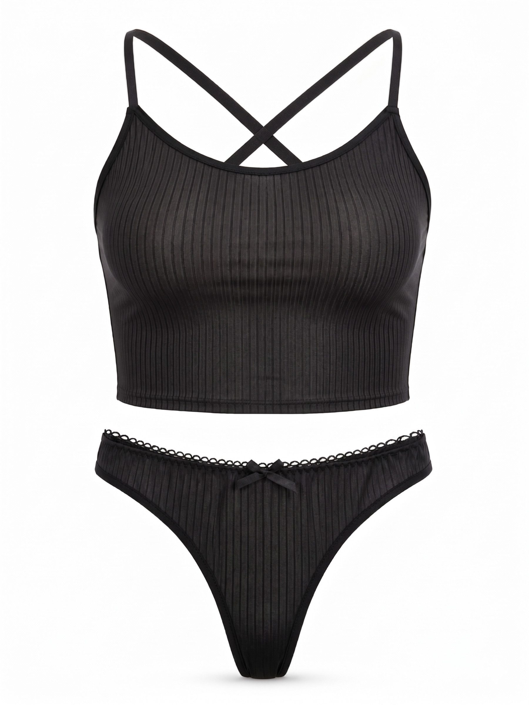 Elegant Love Set: Bustier Lingerie-Set aus Rippmaterial mit Bustier-Top & String, Dessous-Set (Set, 2-tlg., mit Tanga) BH-Set ohne Bügel – Rückenfreies Crop-Top mit gekreuzten Trägern