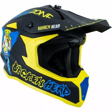 Broken Head Motocrosshelm Freakzone Schwarz-Gelb-Blau (Mit MX-Brille Regulator Blau), Verrücktes Clown-Design