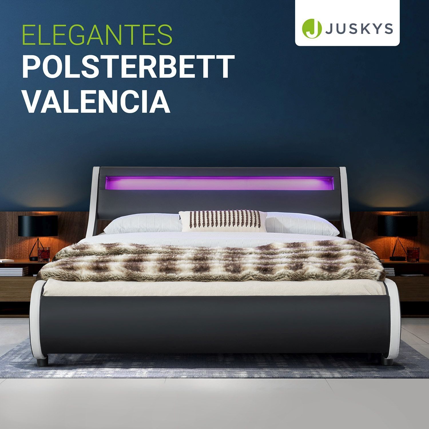 Juskys Polsterbett Valencia, 140 x 200 cm, Doppelbett mit Lattenrost, LED-Beleuchtung und Fernbedienung