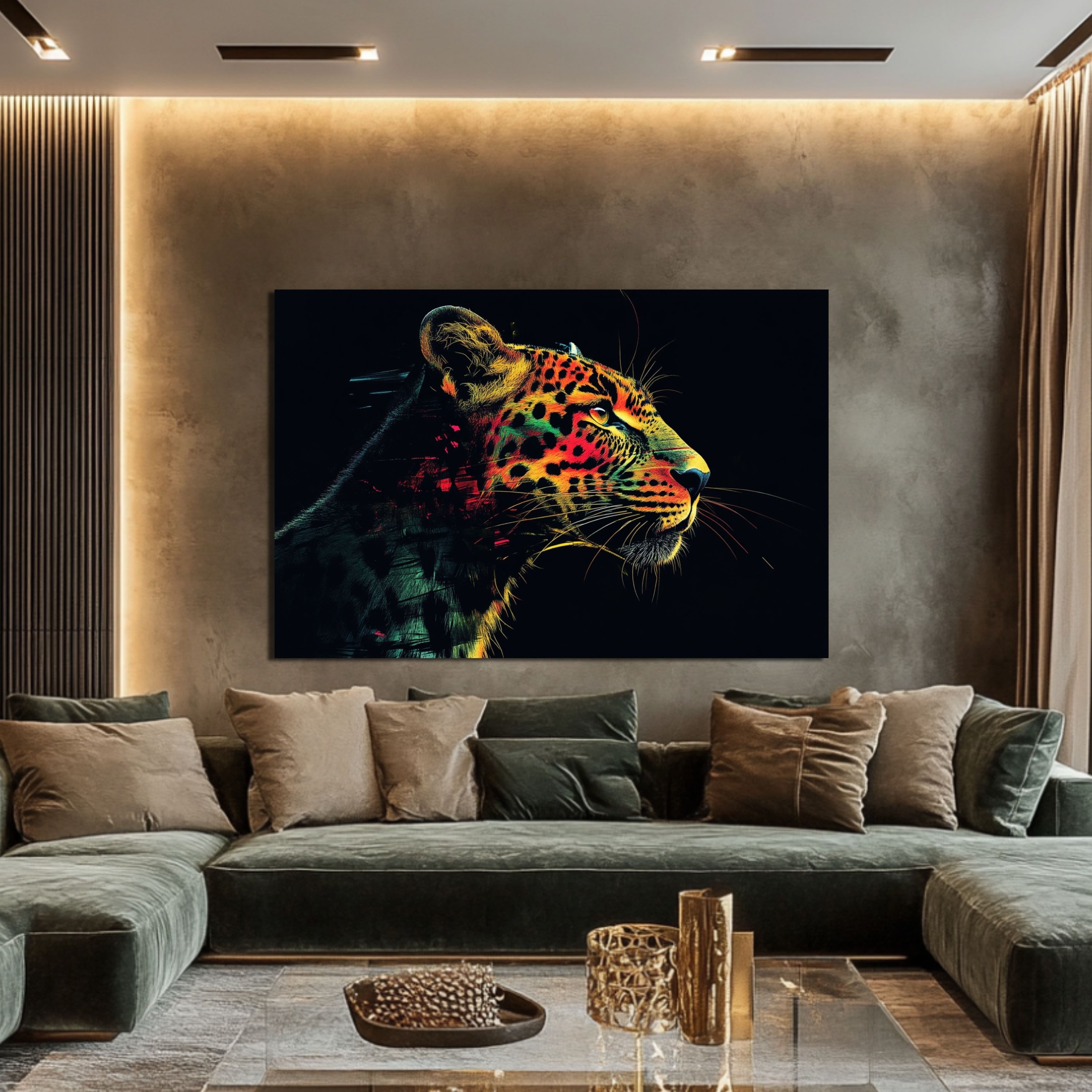 DARO Design Leinwandbild Modern Abstrakt Wandbilder XXL Wandbild Wand Deko Leinwand Bilder, (Jaguar Warhol Glitch - Bild groß Wohnzimmer Schlafzimmer Küche Esszimmer Einteilig Querformat Fotodruck Leinwände Wanddeko Abstrakte Kunst Boho), 84x56cm