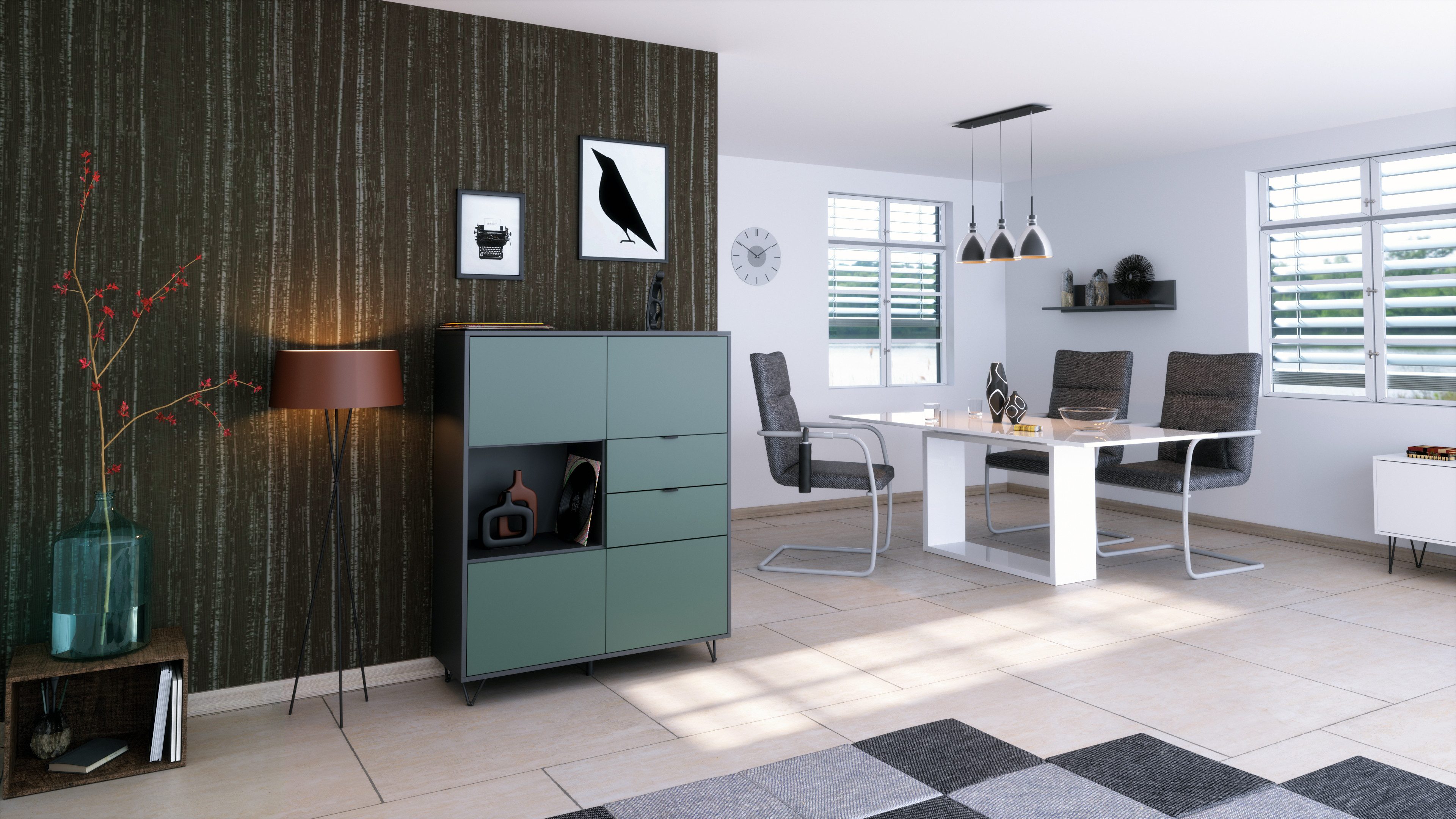 Vladon Highboard Marino V1 (Highboard mit 4 Tür Fjord Grün, 2 Schubladen Fj günstig online kaufen