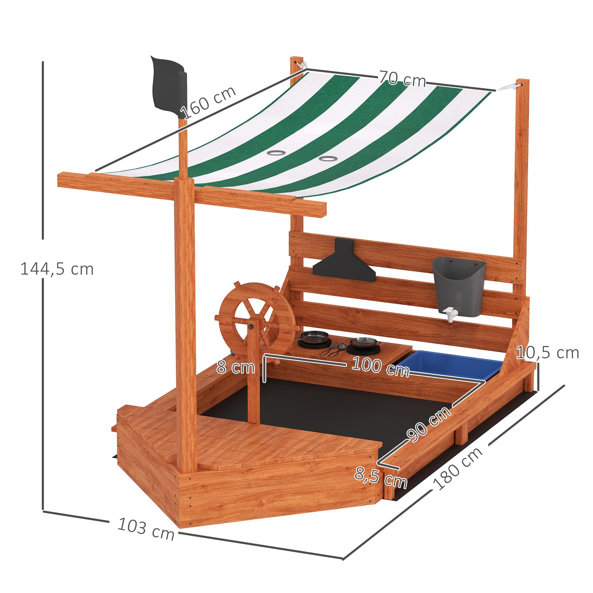 Outsunny Sandkasten Kinder Sandbox mit Abdeckung Sandkiste mit Sitzbänken für Outdoor, (Matschekiste aus Holz, 1-tlg., Segelschiff Spielhaus mit Küchenspielset), für Kinder 3-7 Jahre, Grün
