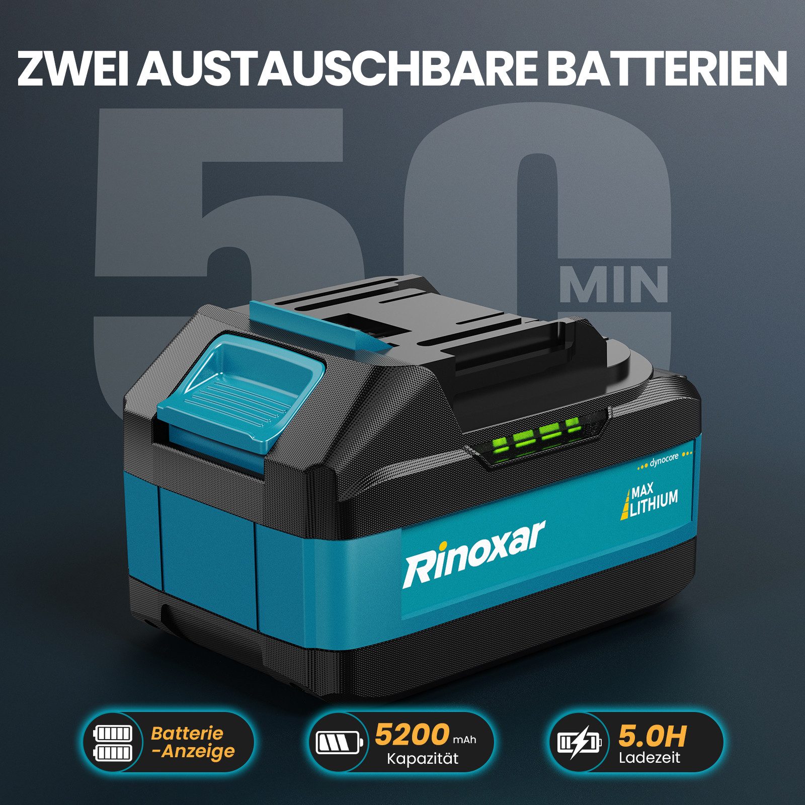 Rinoxar Akku-Laubbläser Akku Laubbläser, Laubgebläse Akku mit Bürstenlosem Motor 35000RPM 850W, 5 Geschwindigkeiten, mit 2x5200mAh/18V Batterien, 2 Wechselbare Düsen