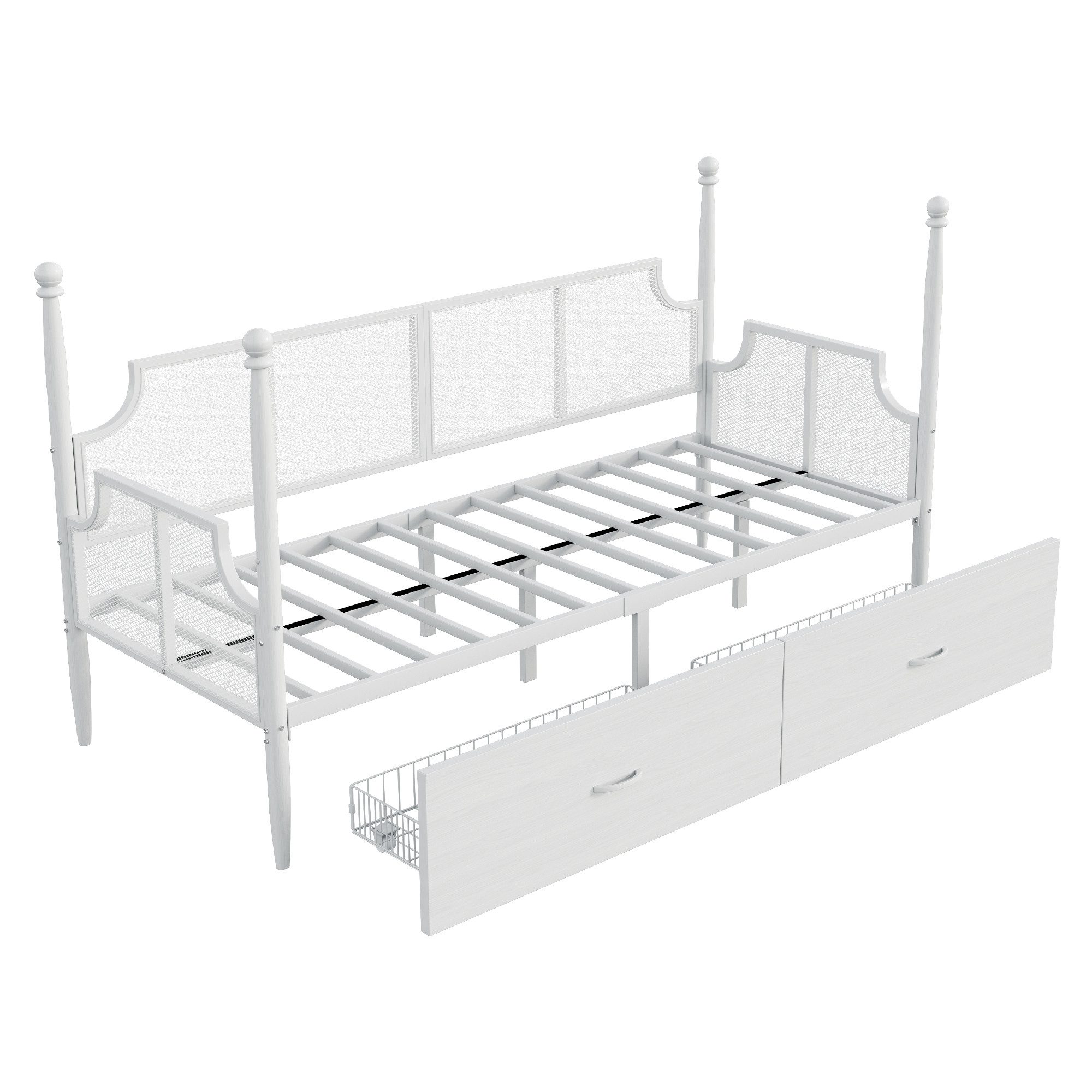MODFU Schlafsofa Stauraumbett Kinderbett, mit Vintage-Netzrückenlehne & Armlehnen, Stabiler Metallrahmen mit Ablagefächern 90x200cm, ohne Matratze