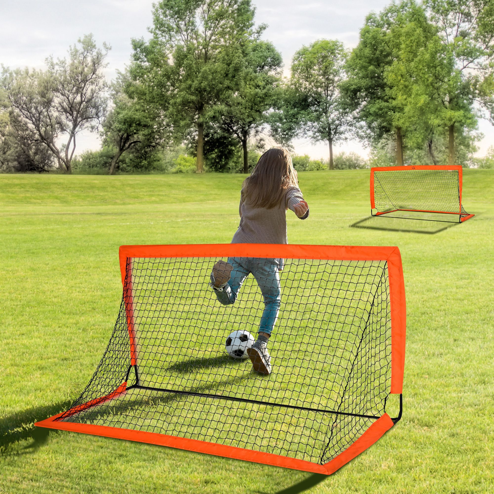 HOMCOM Fußballtor faltbar, Metall, Oxfordstoff (2er Set Minitore, 2 St., Fußballnetz), Outdoor, Orange, 183 x 90 x 90 cm