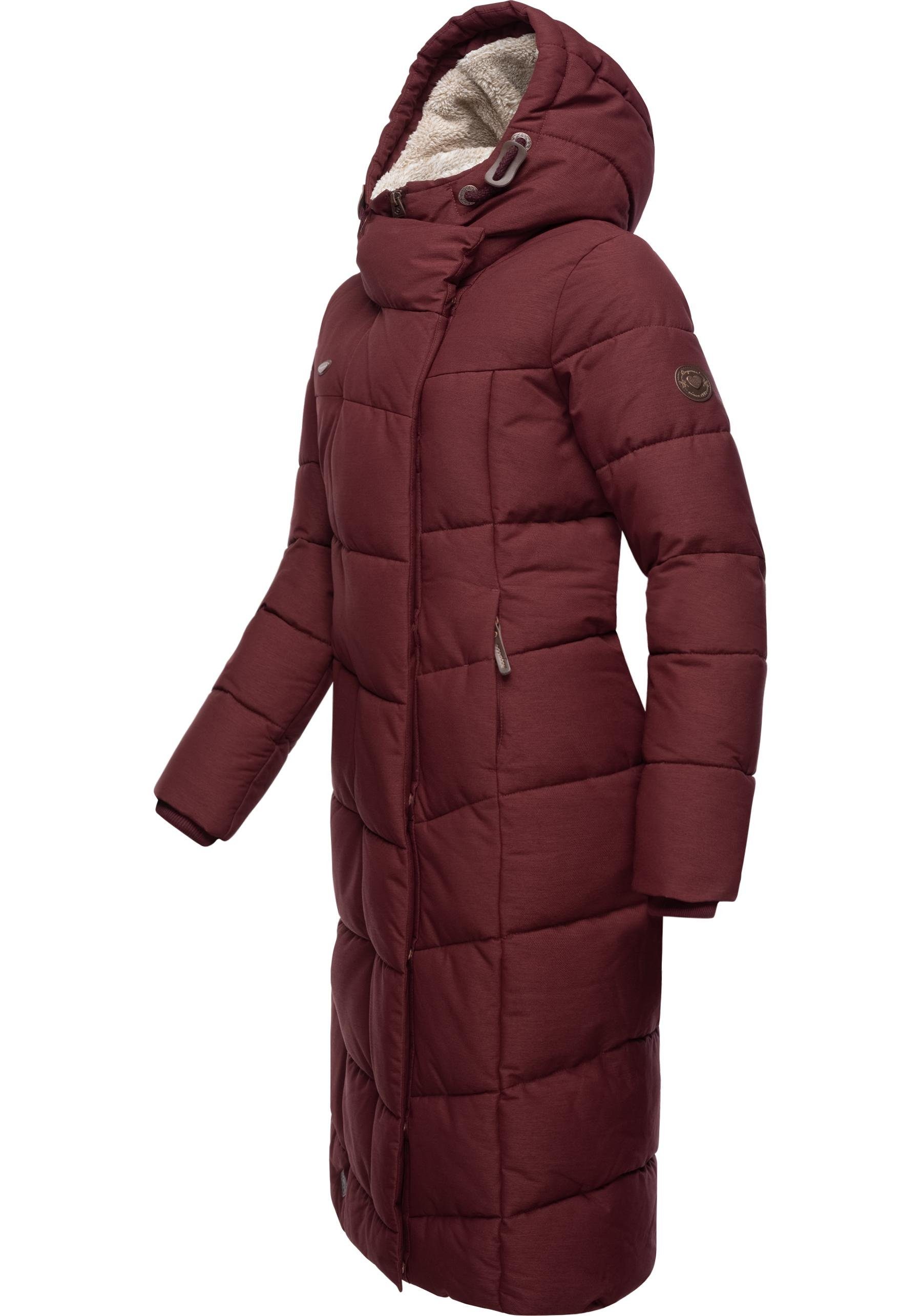 Long Ragwear Pavla Wintermantel Kapuze mit weinrot und extralanger Winterparka Teddyfutter