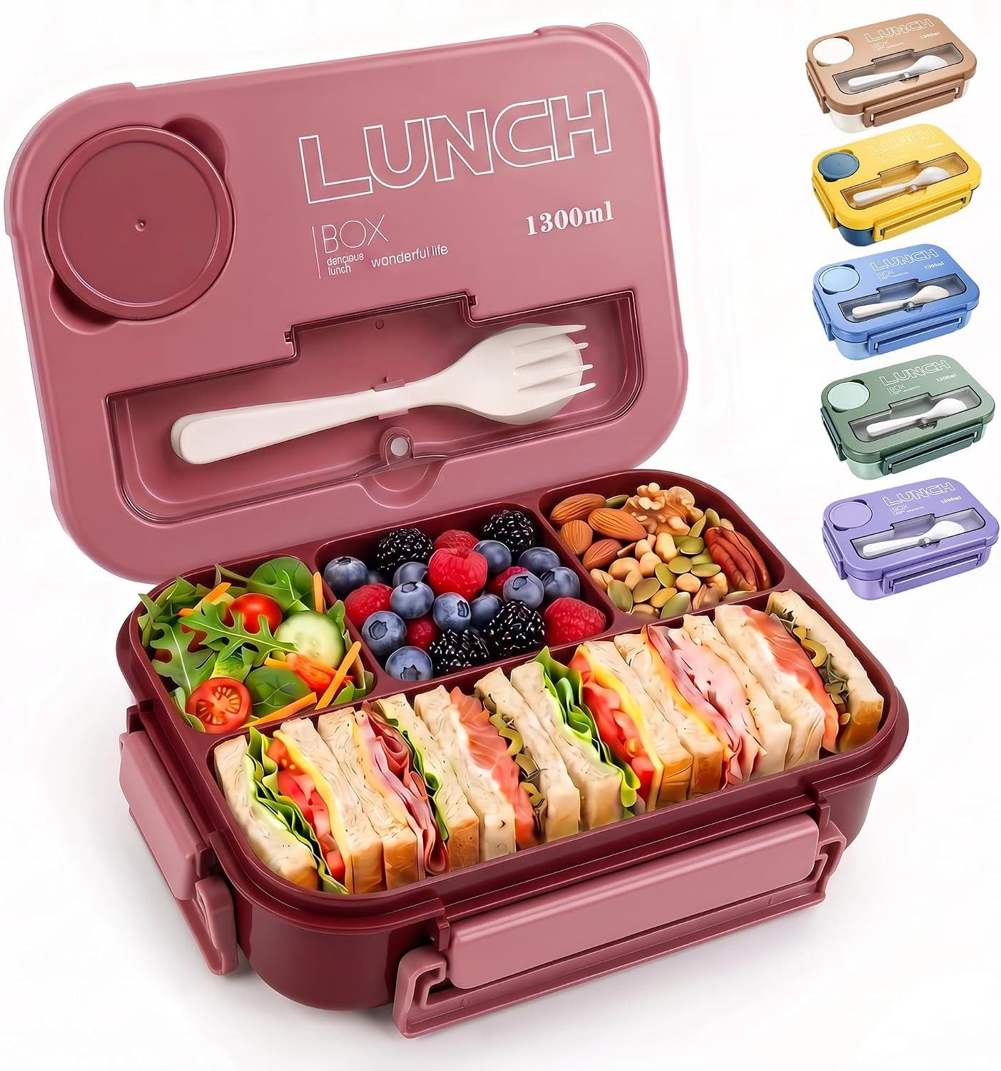 Diwzbyn Lunchbox Bento Box 1300 ml, Lunchbox mit Besteck, Auslaufsicher, BPA-frei mit Saucenfach, Silikondichtung & Besteckfach im Deckel