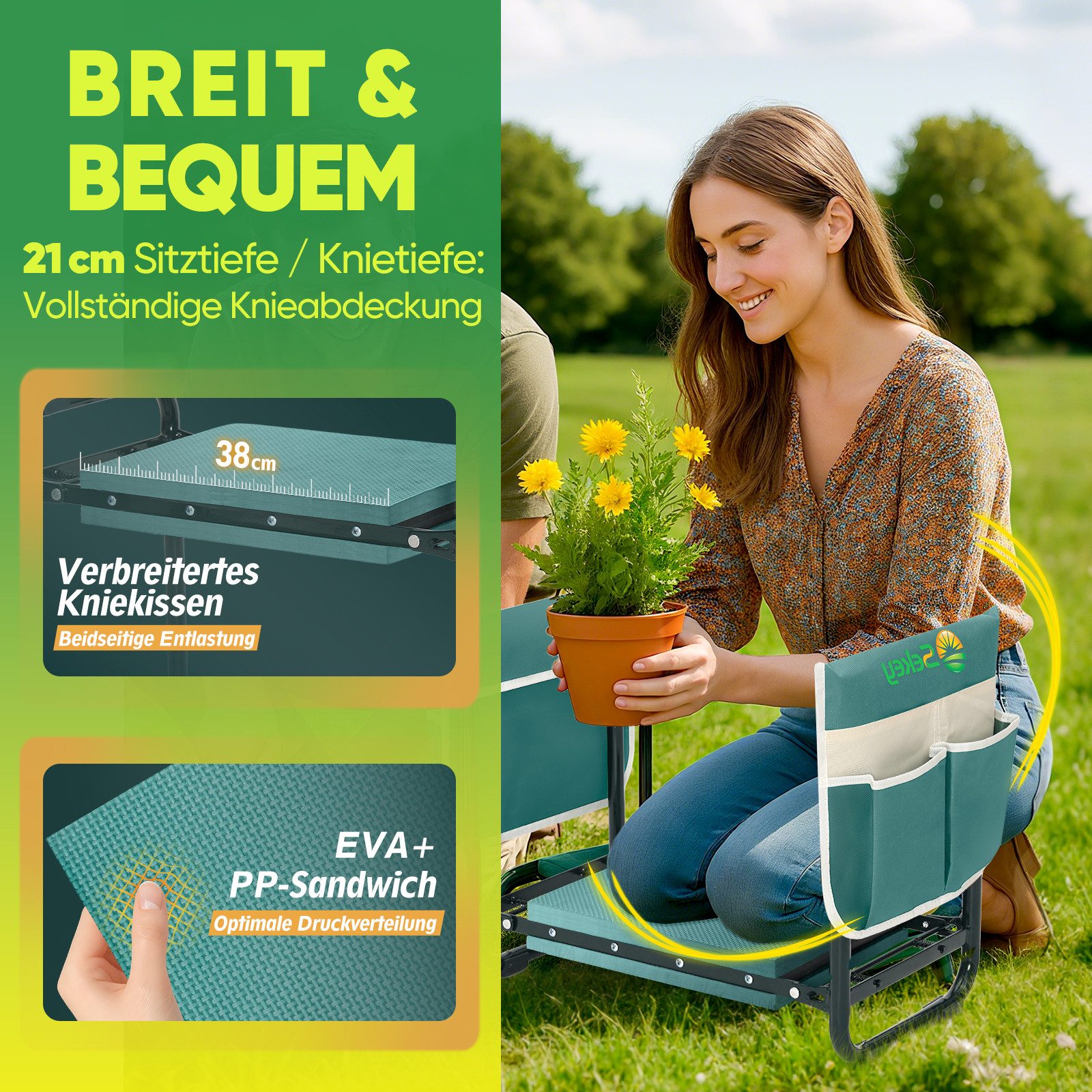 Sekey Kniebank Höhenverstellbare Kniebank Garten bis 180kg Gartenhocker Gartenarbeit, Kniekissen 36 x 20,5 cm mit Werkzeugtaschen, Handschuhen mit Krallen