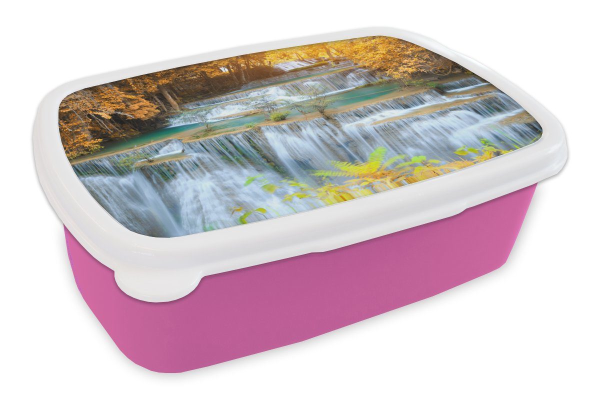 MuchoWow Lunchbox Wasserfall rosa für Erwachsene, Herbst Kinder, Braun - (2-tlg), Brotbox Bäume Kunststoff, Wasser, Snackbox, Kunststoff Brotdose - Mädchen, - 