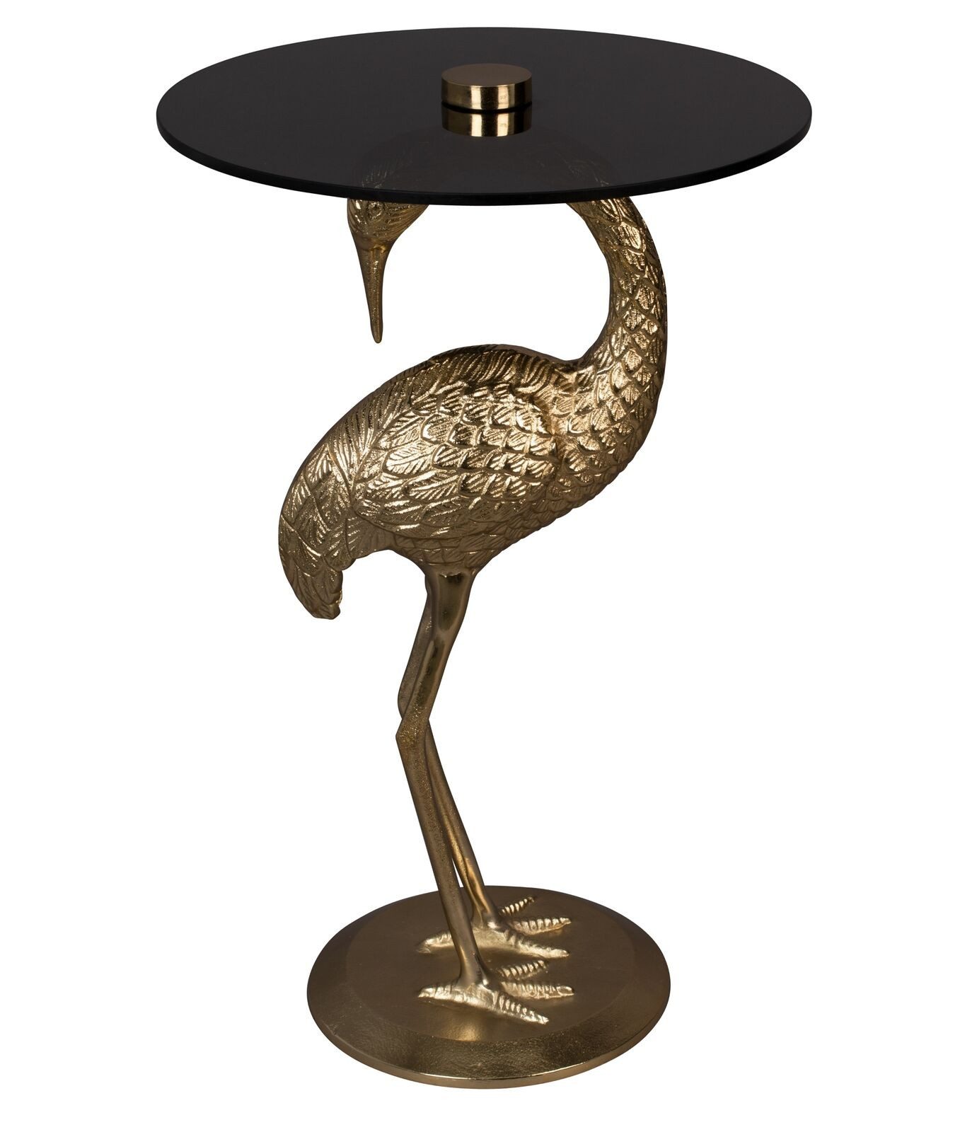 Zuiver Eckschreibtisch Dutchbone Beistelltisch Crane Glas rund gold Tischbein Vogelfigur