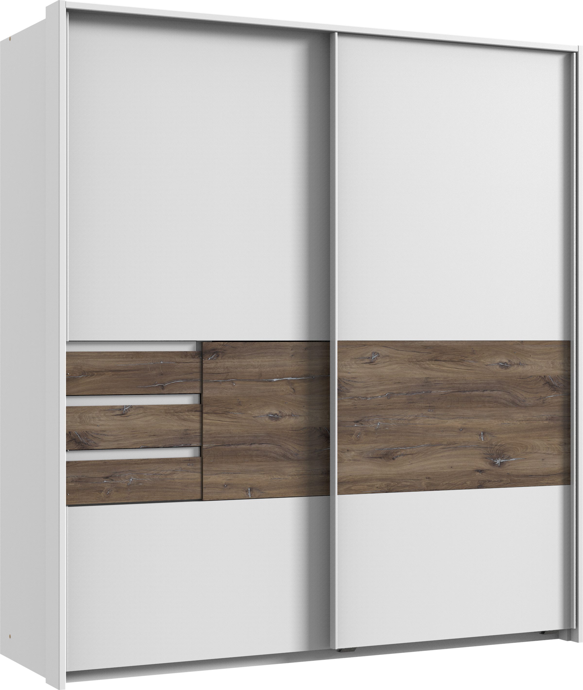 möbel-direkt.de Schwebetürenschrank Bamberg in Weiß mit Eiche Flagstaff (Kompett, 1-St., Kleiderschrank mit oder ohne Spiegel und Passepartout wählbar) Made in Germany, großzügige Stauraumaufteilung