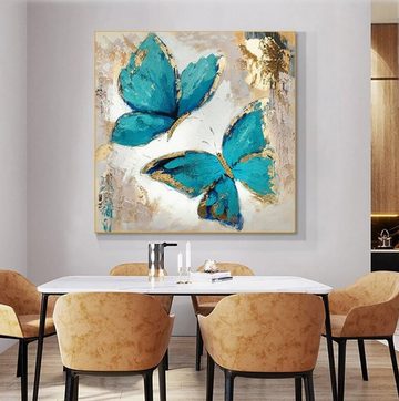 TPFLiving Kunstdruck (OHNE RAHMEN) Poster - Leinwand - Wandbild, Türkisene Schmetterlinge vor goldenem und beigen Hintergrund (Verschiedene Größen), Farben: Leinwand bunt - Größe: 20x20cm