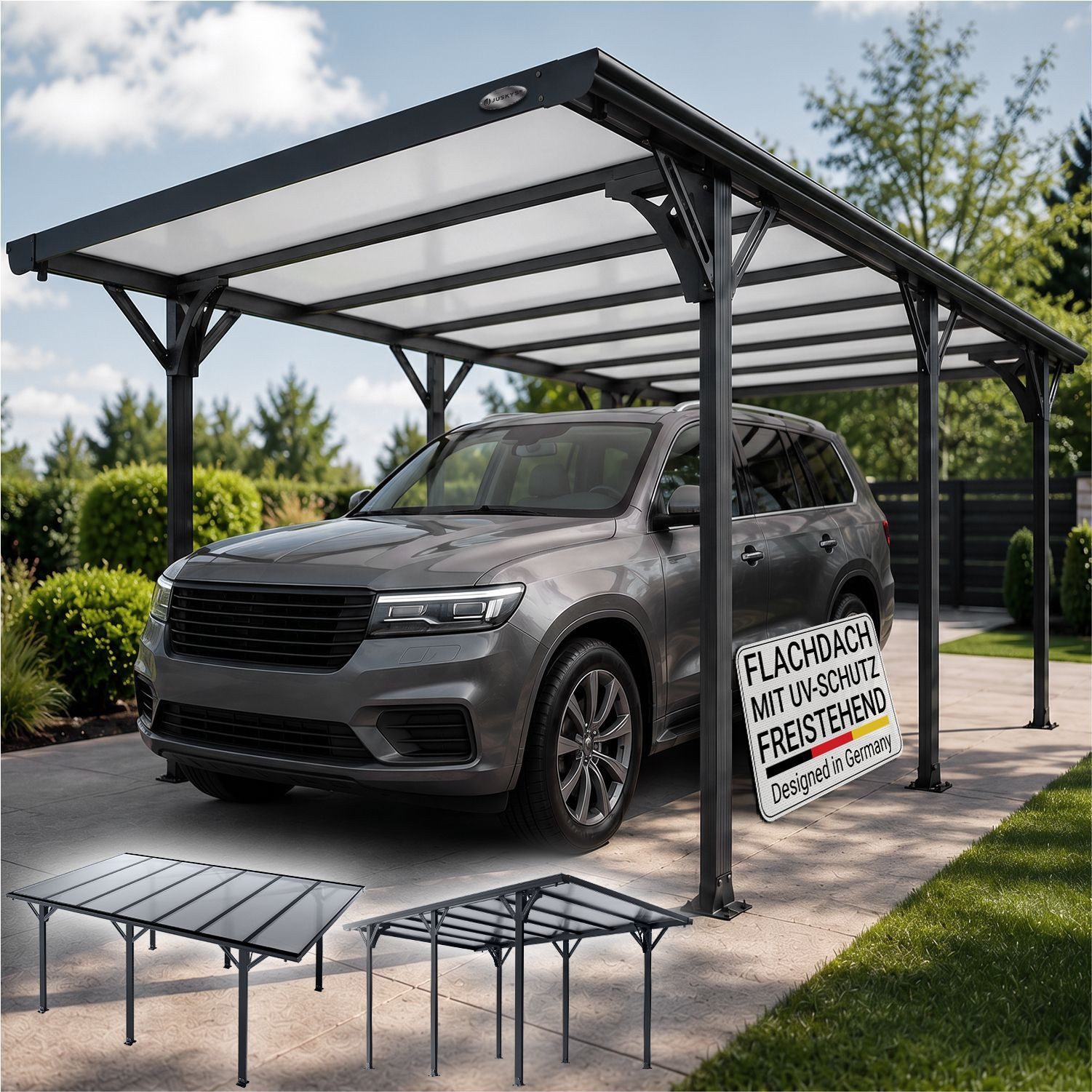 Juskys Einzelcarport, BxT: 305x503 cm, 217 cm Einfahrtshöhe, Flachdach mit UV Schutz, hohe Wind und Schneelast