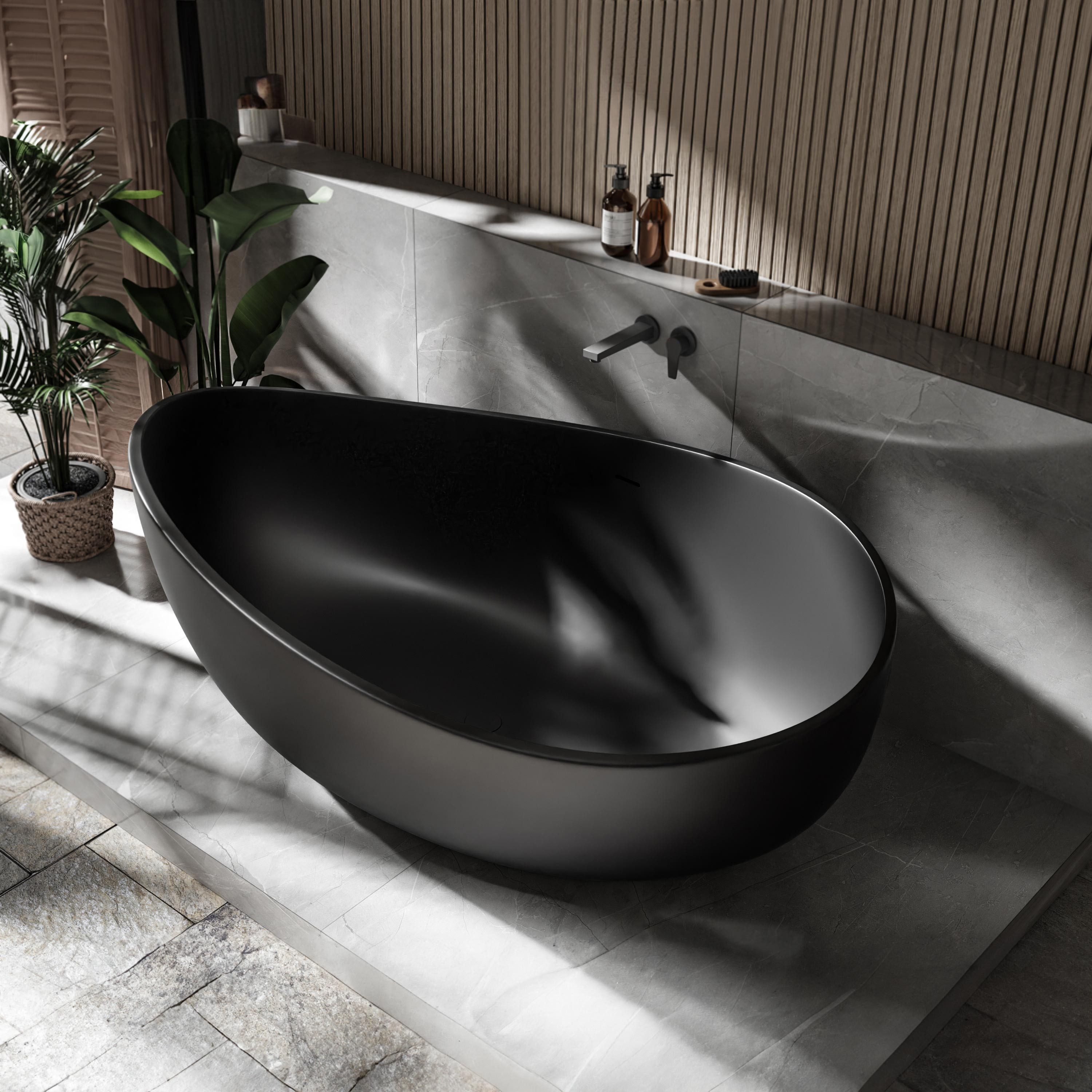 Bernstein Badewanne WAVE STONE, (Mineralgusswanne, oval, Wanne, Mineralgussbadewanne, Standbadewanne, Solid Stone), freistehende Badewanne aus Mineralguss - 180 x 110 cm – Schwarz matt