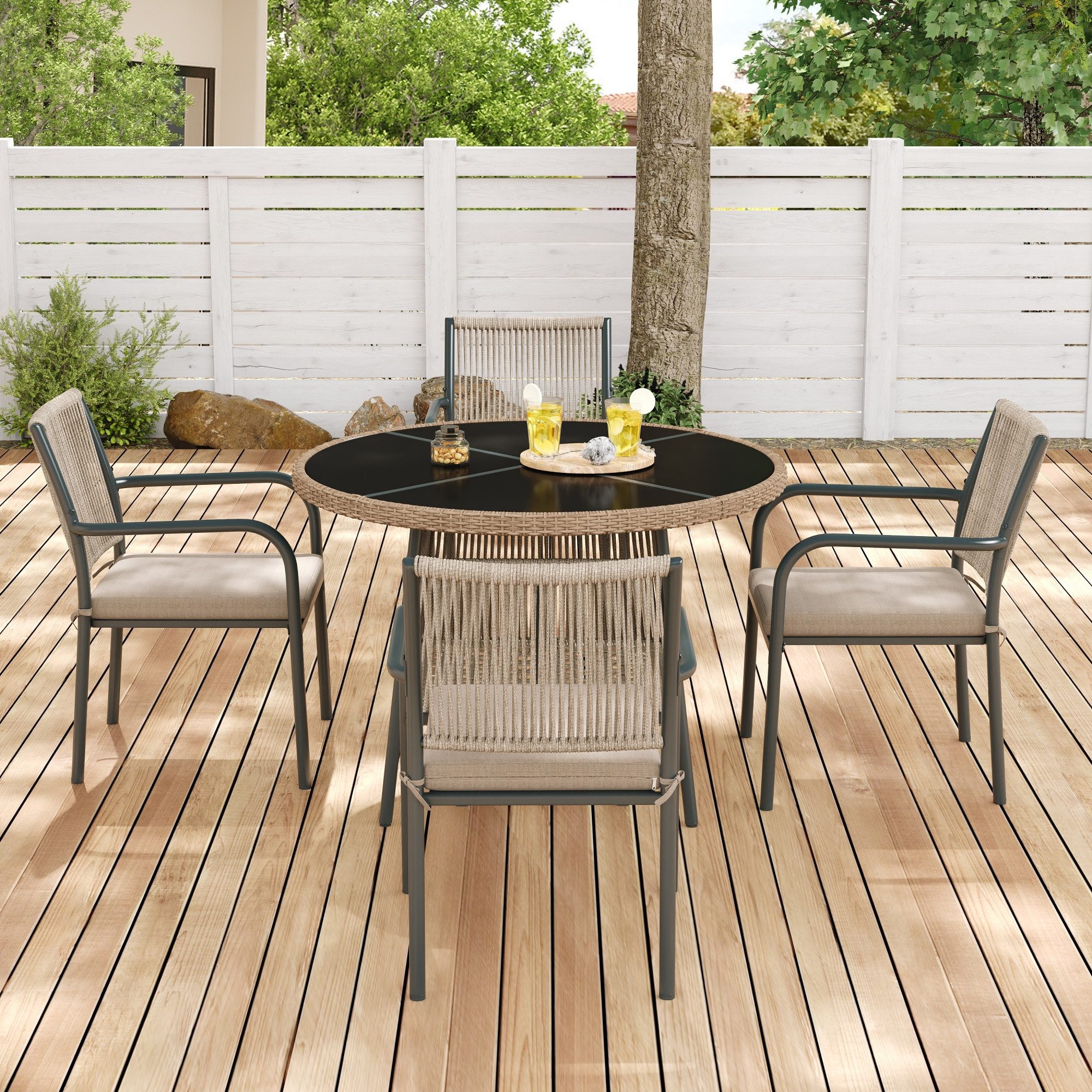 Flieks Garten-Essgruppe, 4-Sitzer Sitzgruppe Gartenmöbel-Set Runder Glastisch + 4 Stühle