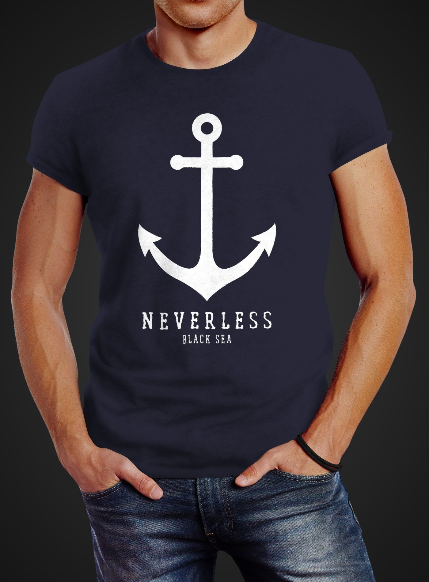 Slim navy mit Nautical Fit Neverless® Neverless Print Herren T-Shirt Anker Print-Shirt Sailor Segeln