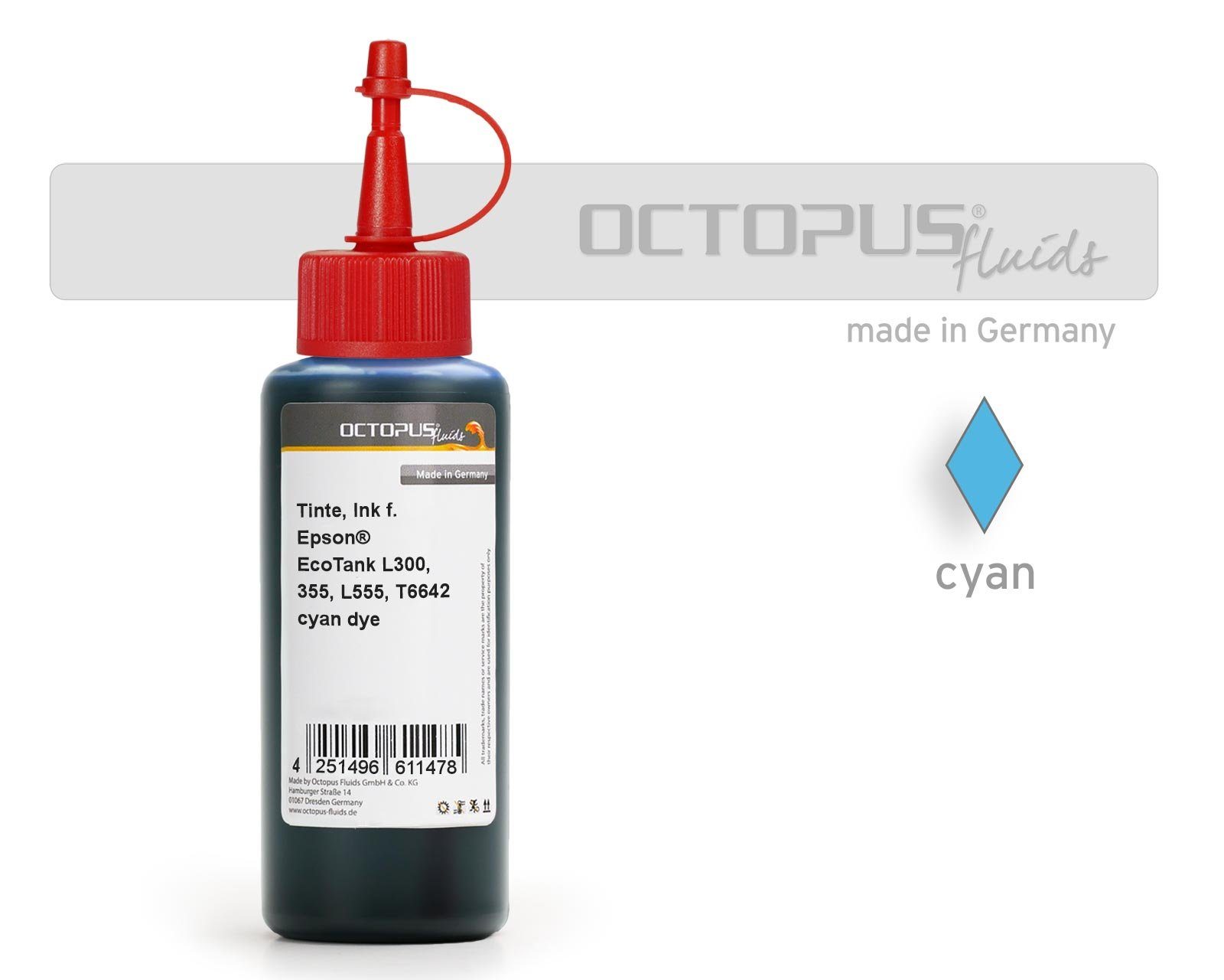 OCTOPUS Fluids Druckertinte Epson EcoTank L300, L355, L555 Drucker, T6642 cyan Nachfülltinte (für Epson, 1x 100 ml) Cyan 100ml