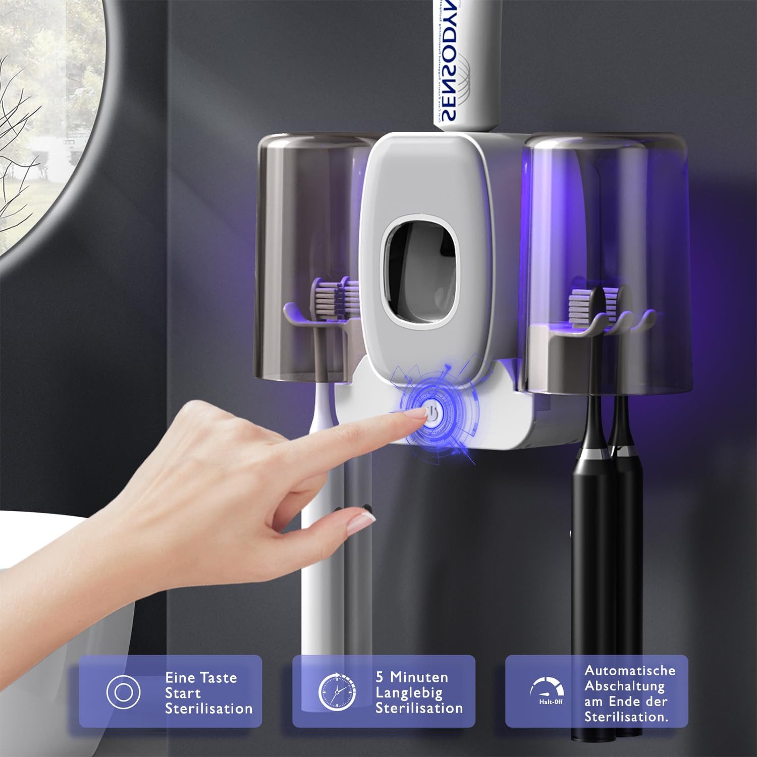 MOPUEA Zahnbürstenhalter Zahnbürstenhalter UV Desinfektions Zahnbürsten Halter mit 4 Schlitze, (Automatischer Zahnpastaspender, mit 2 herausnehmbarer Becher, 1- – Bild 2 von 5