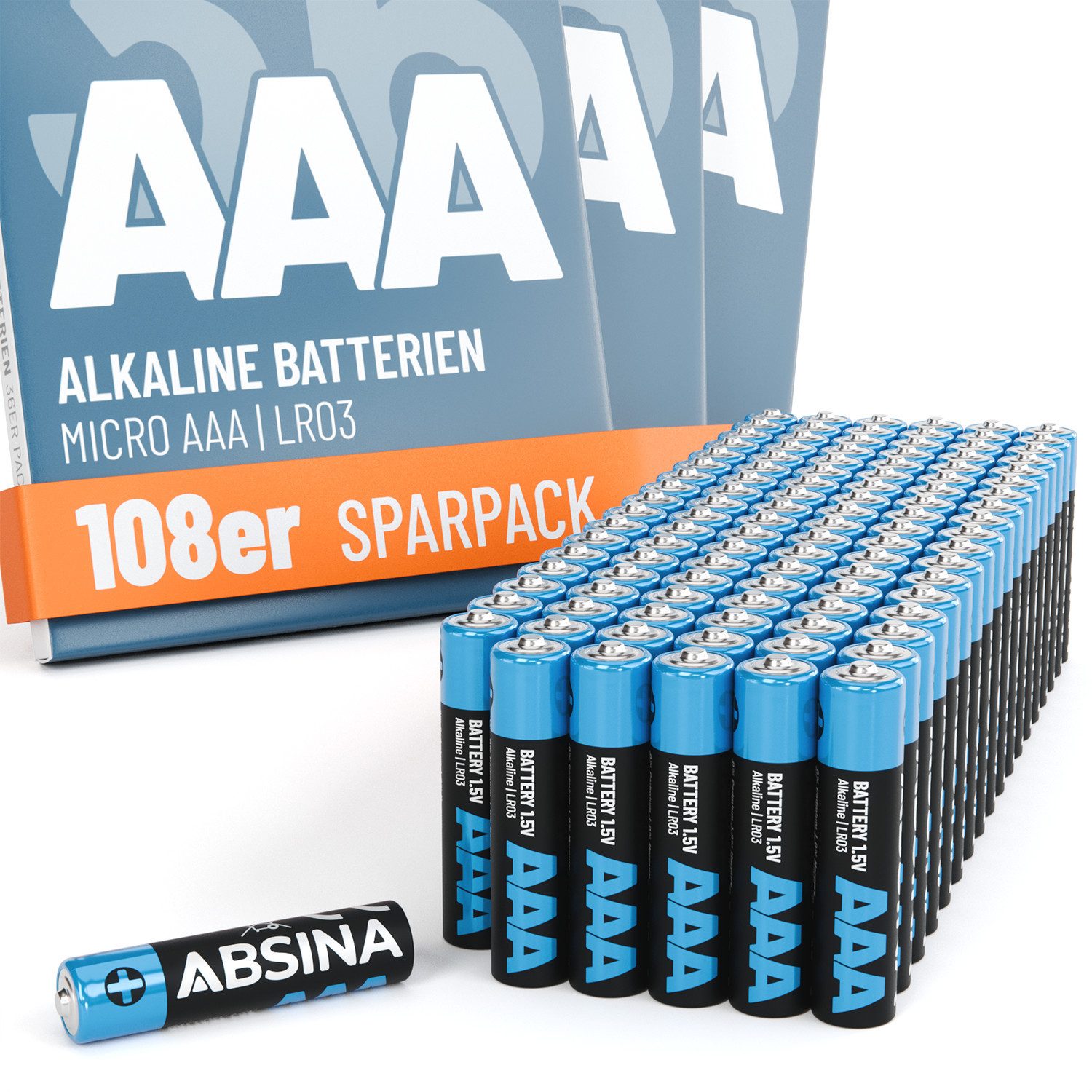 ABSINA 108x Batterien AAA Großpackung 1,5V Alkaline - langlebig, Micro LR03 Batterie, (1 St)