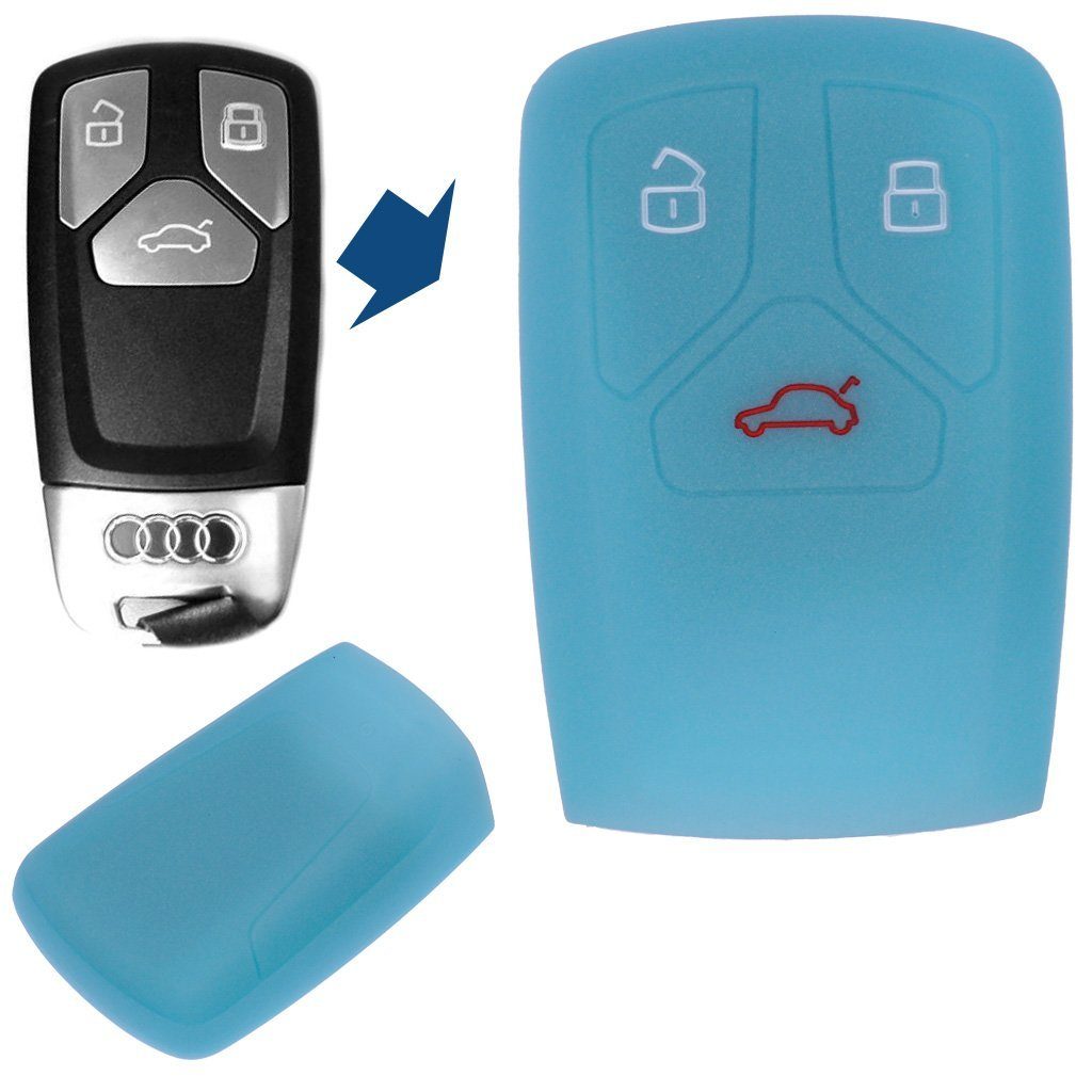 mt-key Schlüsseltasche Autoschlüssel Softcase Silikon Schutzhülle fluoreszierend Blau, für Audi A4 S4 Q7 Q5 TT RS A5 S5 3 Tasten KEYLESS SMARTKEY