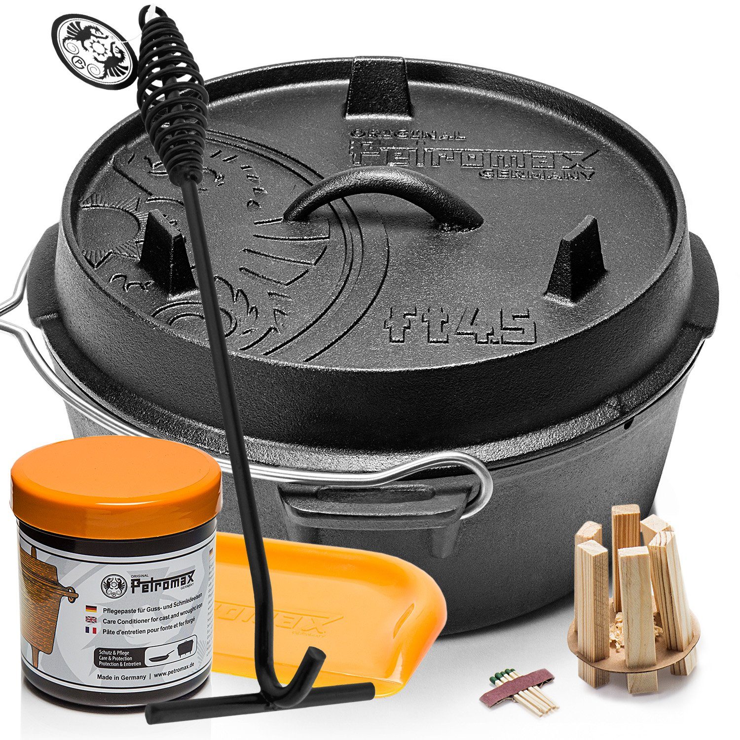 Petromax Schmortopf Feuertopf Dutch Oven ft4,5 ohne Füsse 2-4 Personen 3,5l, Gusseisen (Spar-Set, 6-tlg., Topf+Deckel+Deckelheber+Paste+Schaber+Feuer-Kit), Deckel mit Henkel, als Pfanne nutzbar, Topf induktionsfähig