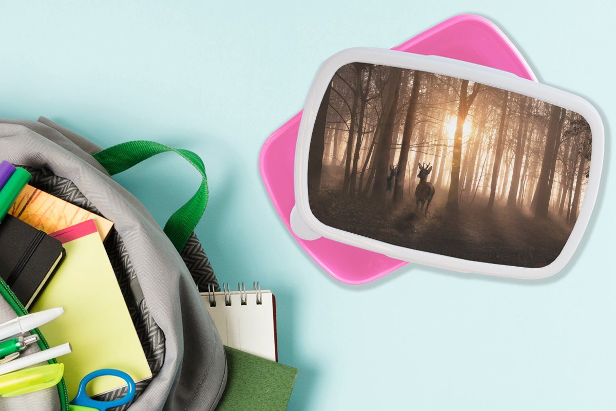 Lunchbox - rosa - - Wald Kunststoff, Tiere, Bäume - für Sonne Hirsche - Kunststoff Mädchen, Erwachsene, - MuchoWow Kinder, Snackbox, (2-tlg), Winter Brotbox Brotdose Natur