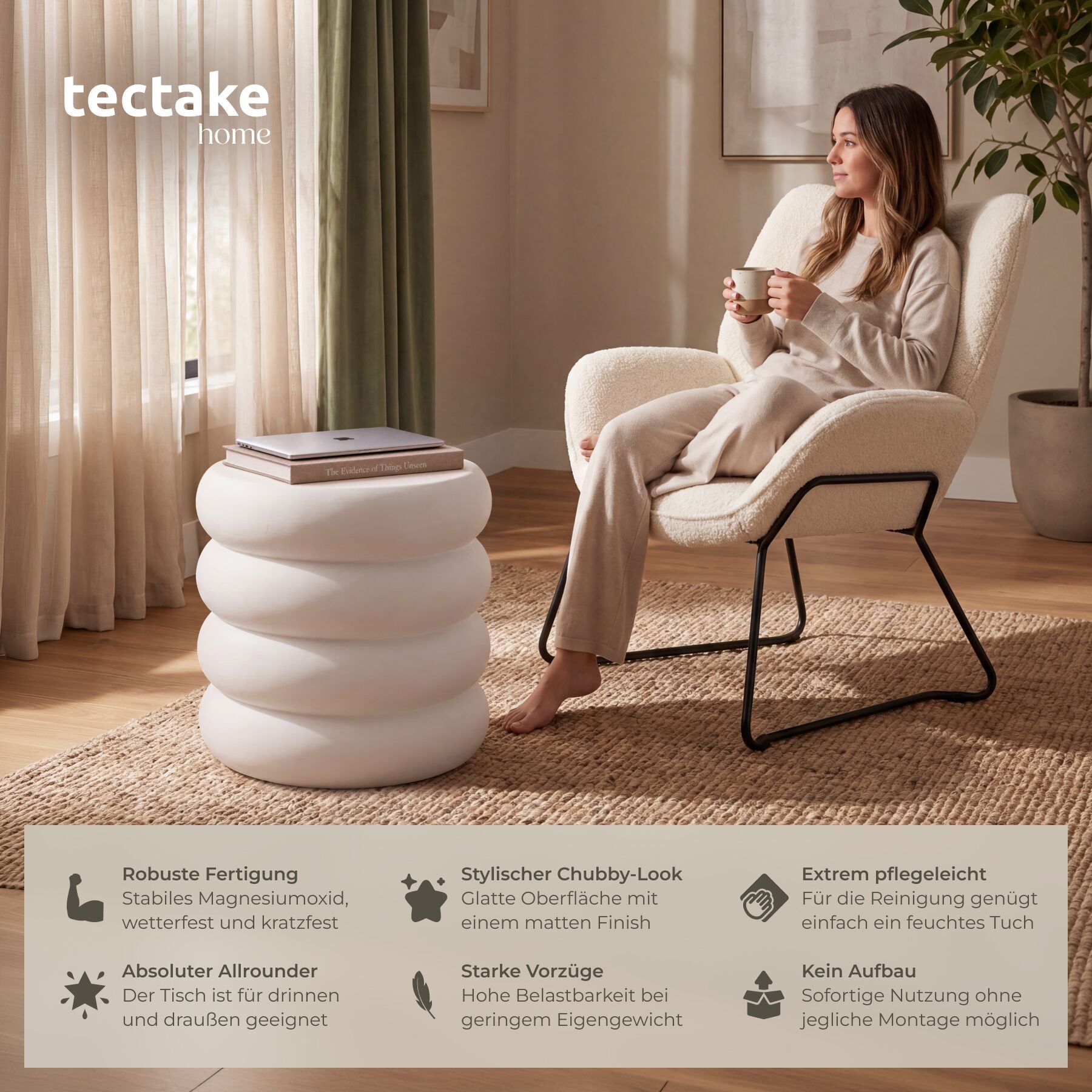 tectake Beistelltisch Runder Ablagetisch wetterfest Magnesiumoxid Chubby-Design mattes (Couch Beistelltisch Adina, 1-St., in Creme), Belastbarkeit 25 kg, glatte – Bild 2 von 5