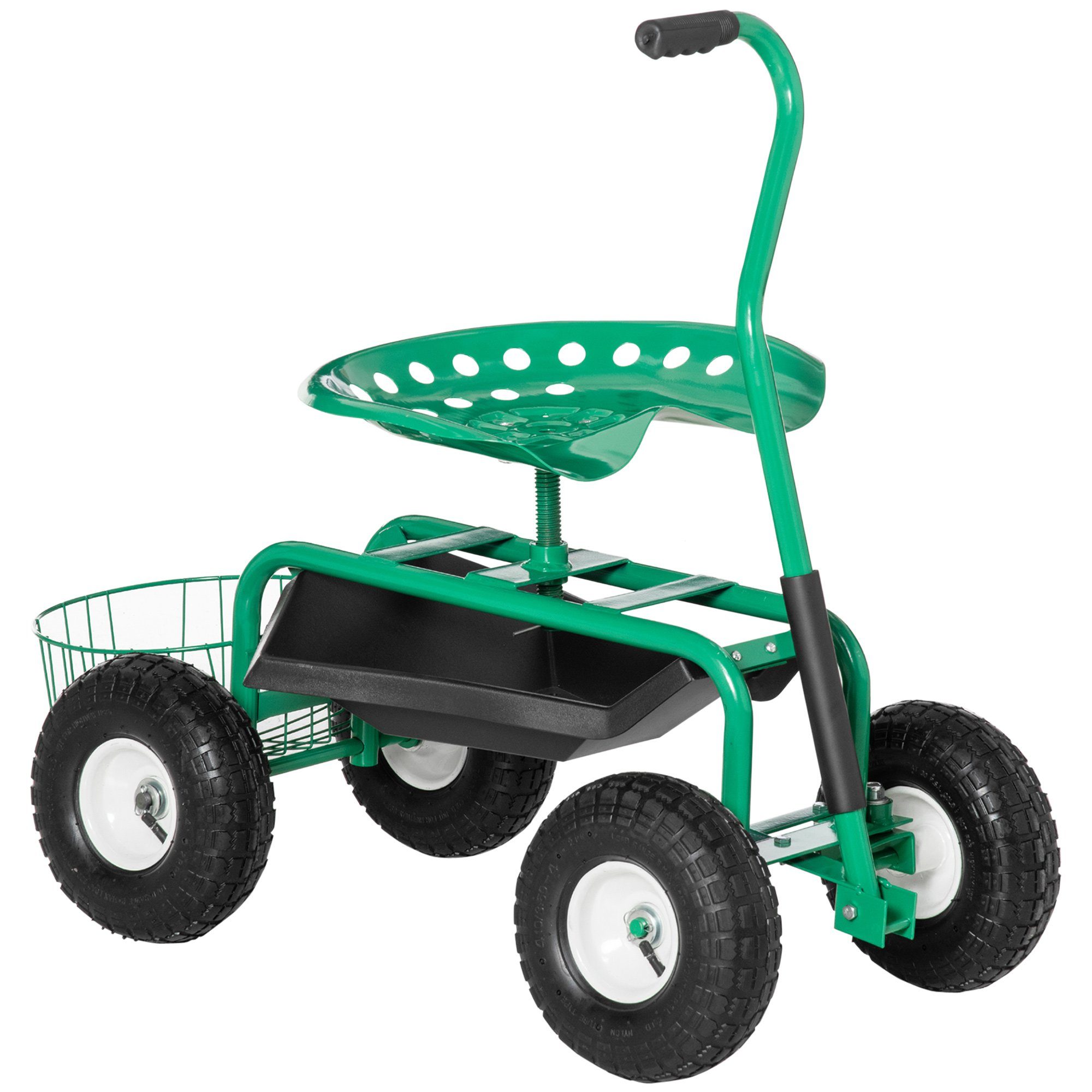 Outsunny Werkzeugwagen mit Rollsitz, bis 150 kg, mit Ablage, Korb, für kleine Gartengeräte, mit Stauraumfach, max. Traglast:150 kg, 0-tlg. Werkzeugset, (Werkstattwagen, 1-tlg., Gartenwagen), für Garten, Grün