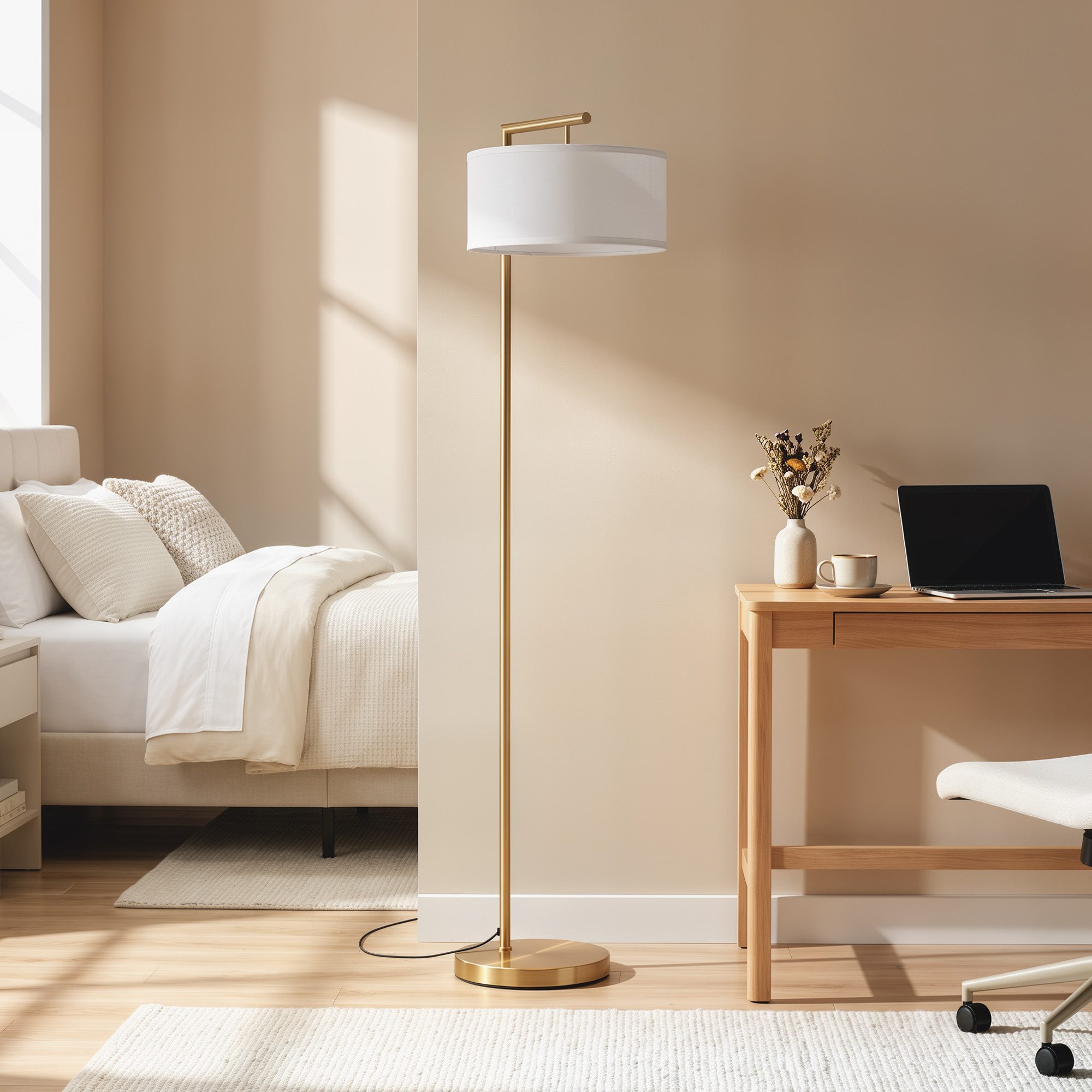 HOMCOM Stehlampe Stehleuchte Standlampe mit Lampenschirm aus Stoff mit E27 Fassung, Ein-,Ausschalter, ohne Leuchtmittel, Metall Stahl Leinen Gold+Weiß 47 x 37 x 153 cm