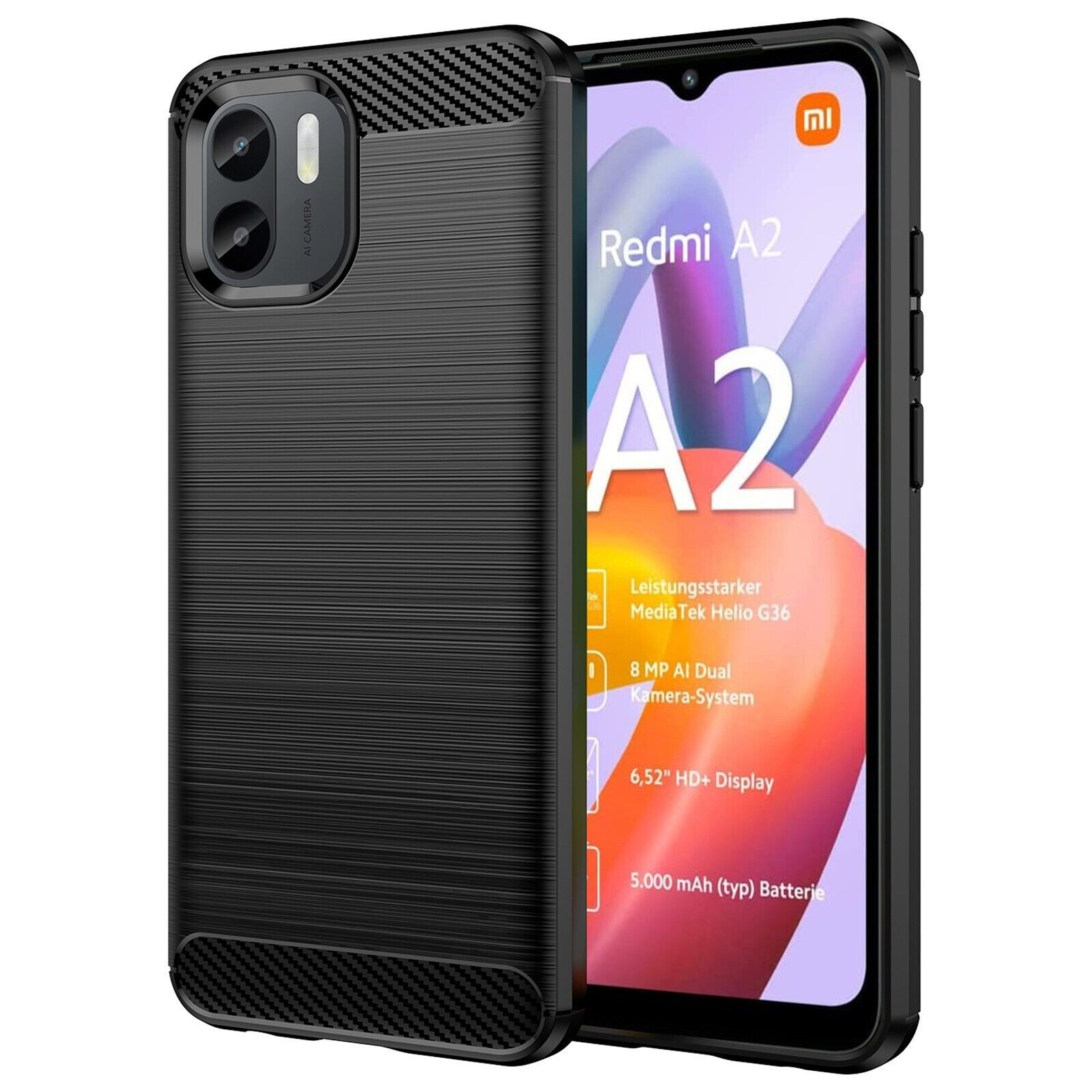 betterfon Handyhülle Carbon Hülle für Xiaomi Redmi A2 Backcover TPU Silikon Bumper Schwarz, Carbon-Look – stoßfestes Case mit Air-Cushion & Metall-Optik