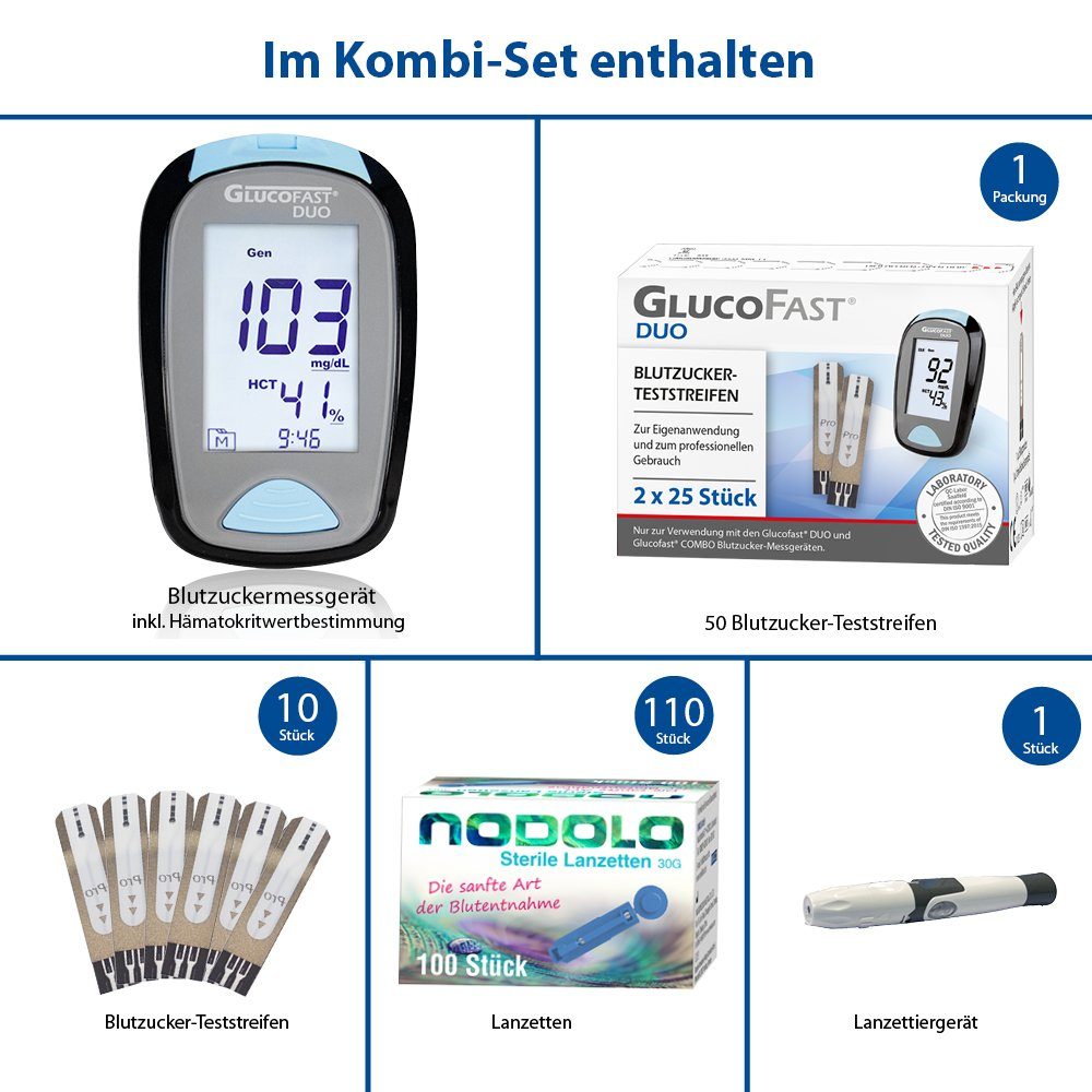 GLUCOFAST Blutzuckermessgerät DUO in MG, Blutzuckermessgerät komplettset, Ink. 60 Blutzucker Teststreifen, 110 Lanzetten und 1 Lanzettiergerät