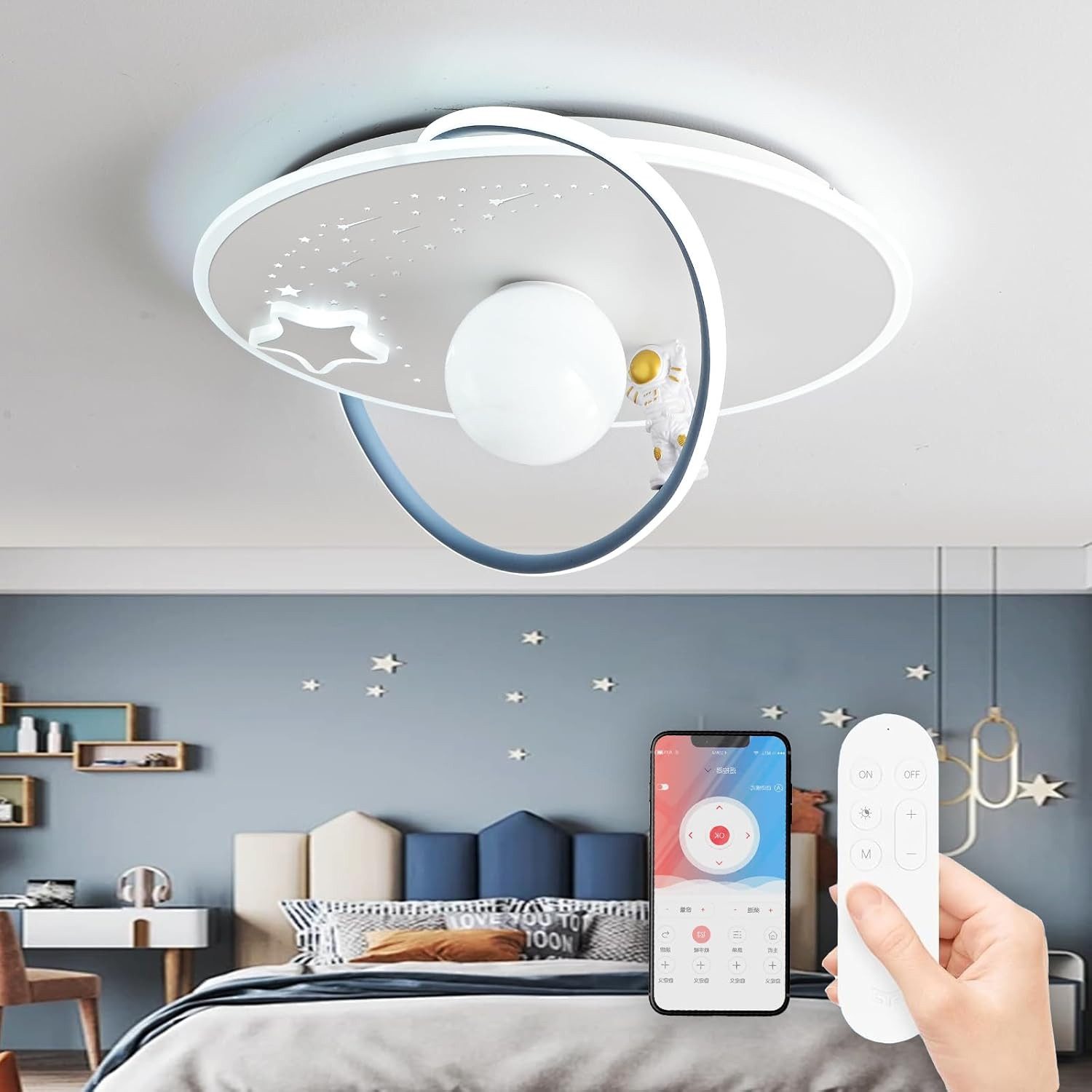 RRBEST Deckenleuchte LED Kinder Deckenlampe, Modernes Design Mond Astronaut Deckenleuchte, Dimmbar mit Fernbedienung Jungen und Mädchen Kinderzimmer Lampen