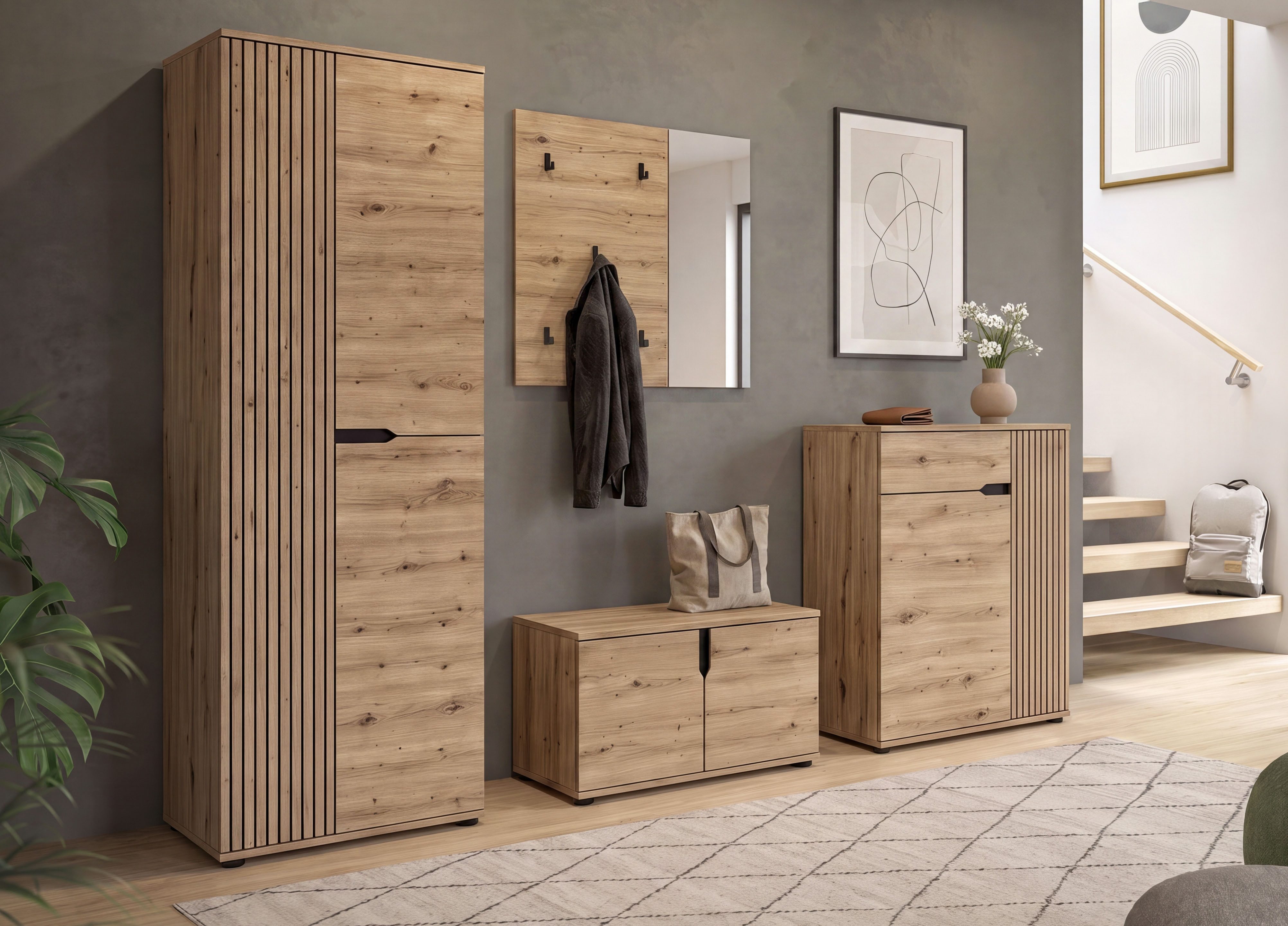 OTTO home Garderoben-Set FJELL, 4-teilig, Breite 255cm, Front mit hochwertiger Längsfräsung, (bestehend aus: Garderobenschrank, Sitzbank, Paneel & Schuhkommode), Garderobenkombination, Kombination, Set, Garderobe, Flurgarderobe