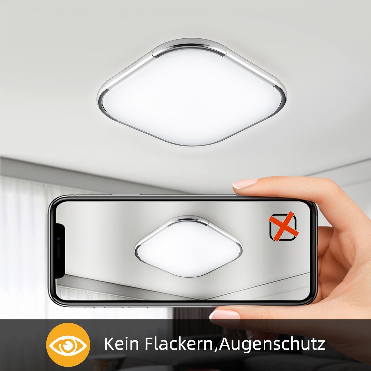 iscooter Deckenleuchte Badezimmer für Wohnzimmer Kaltweiß, fest Radar 30x30x Sensor-Deckenleuchte, Sensor Warmweiß, LED Deckenlampe, WarmweiB 5cm, Schlafzimmer integriert, 24W Bewegungsmelder, LED