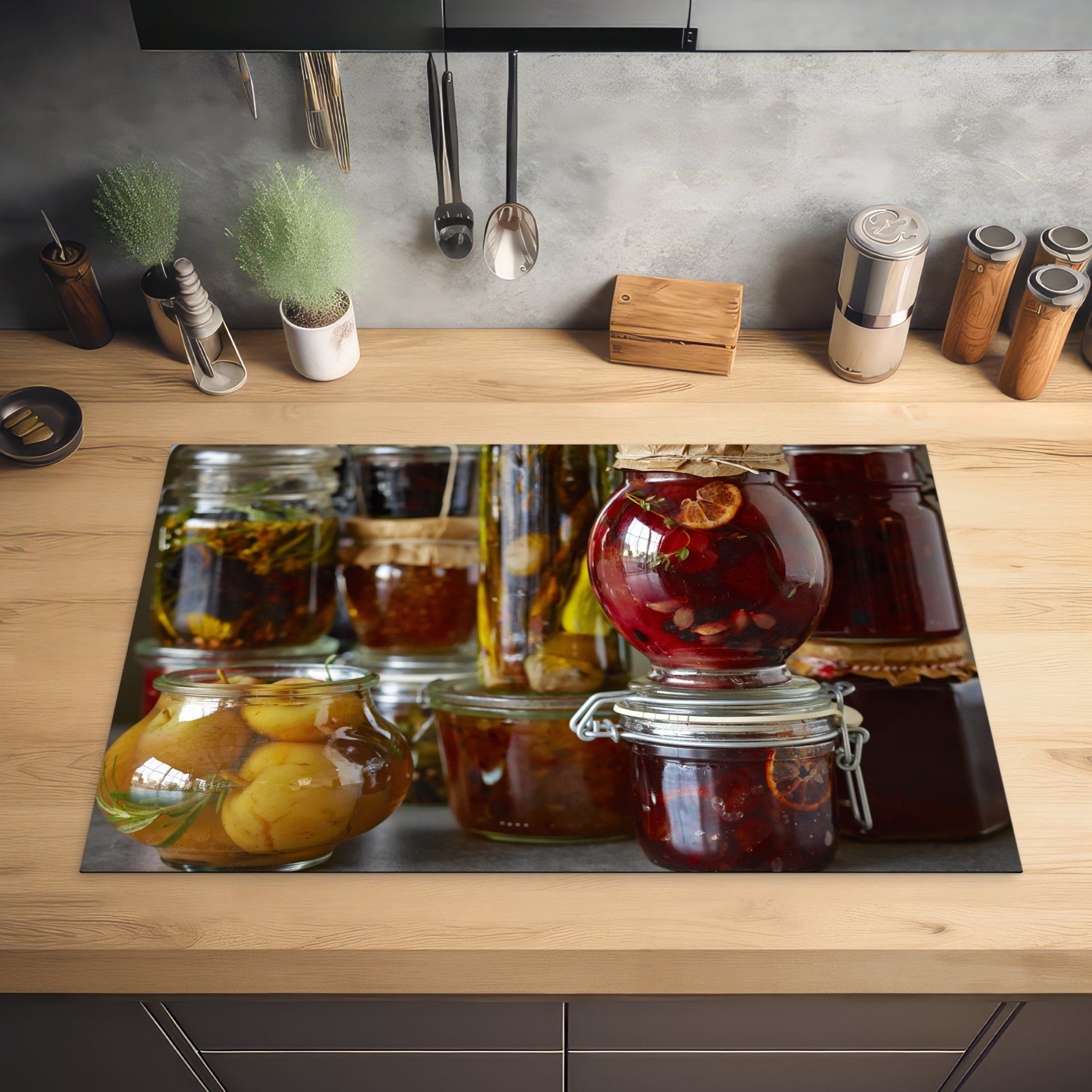 MuchoWow Herdblende-/Abdeckplatte Ceranfeldabdeckung küche, in tlg), die einem Gemüse für Induktionskochfeld Obst (1 und von Weckglas, 81x52 cm, Schutz Vinyl, Nahaufnahme