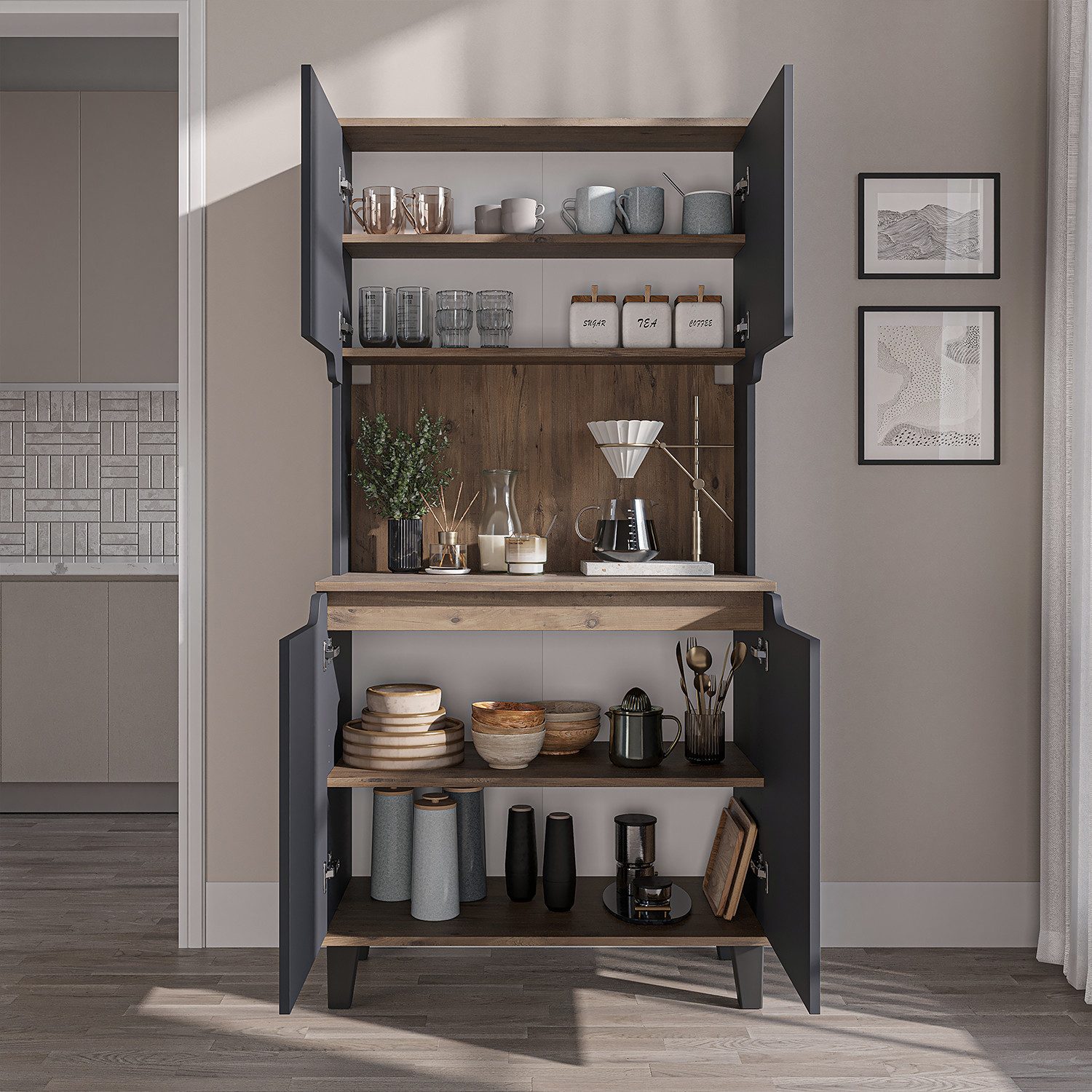 Roomart Küchenbuffet DEFNE mit Nische Kaffeebar Mikrowellenschrank Vorratsschrank, 5 Farben Offene Nische für Kaffeemaschine, 4 Türfächer – Bild 4 von 5