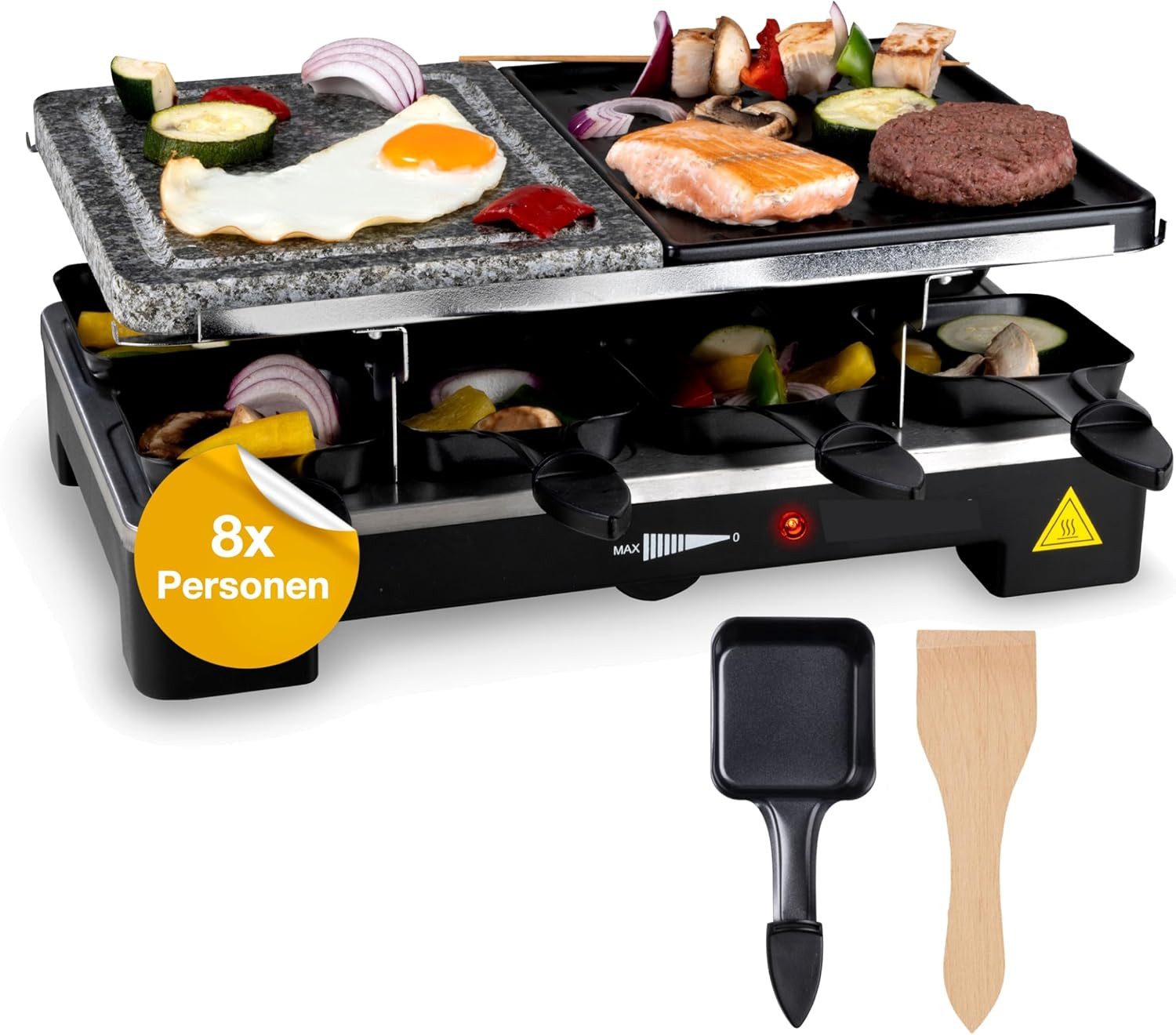 HaushaltO Раклетници Раклетници Set für 8x Personen - Grillplatte & Steinplatte, 8 Раклетнициpfännchen, 1400,00 W, mit Steinplatte