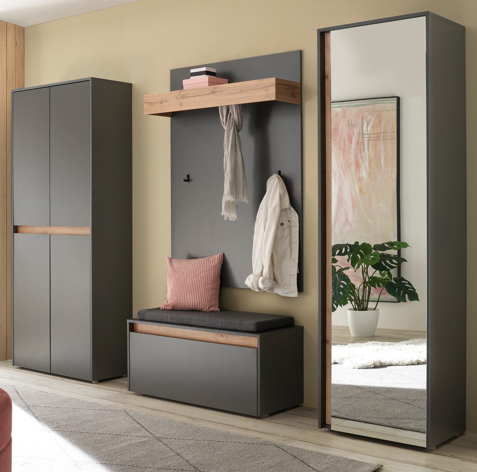 Furn.Design Garderoben-Set Center, (Flurgarderobe in grau mit Wotan Eiche, Komplett-Set 5-teilig), mit viel Stauraum