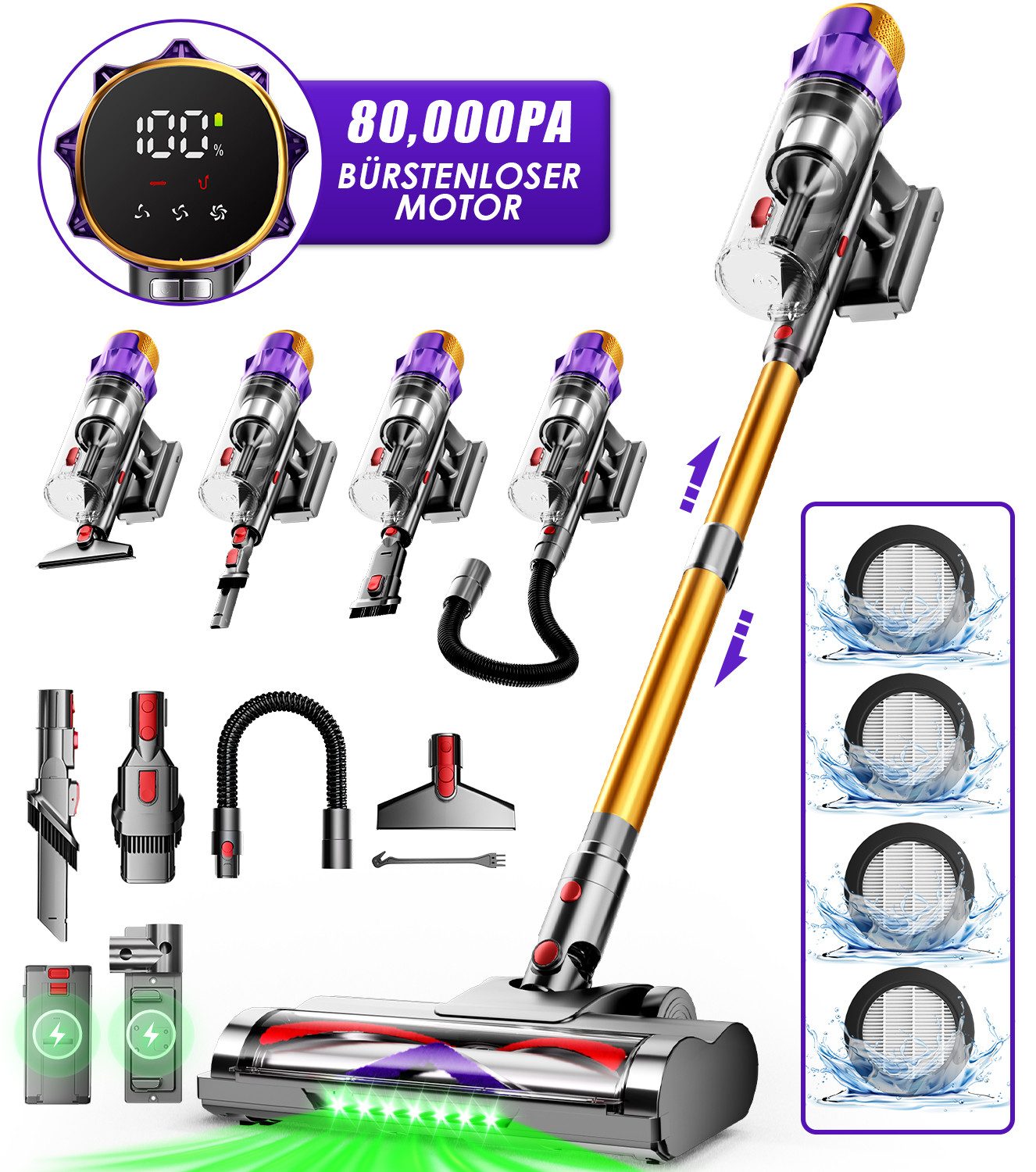 Hiazurm Akku-Hand-und Stielstaubsauger Akku Staubsauger,80000Pa/2.8L/70min OLED-Display Staubsauger Kabellos, 3 Stufen Bürstenloser Motor Stabstaubsauger Grüne Schmutz-Erkennung, Akkusauger für Tierhaare, Teppich & Auto