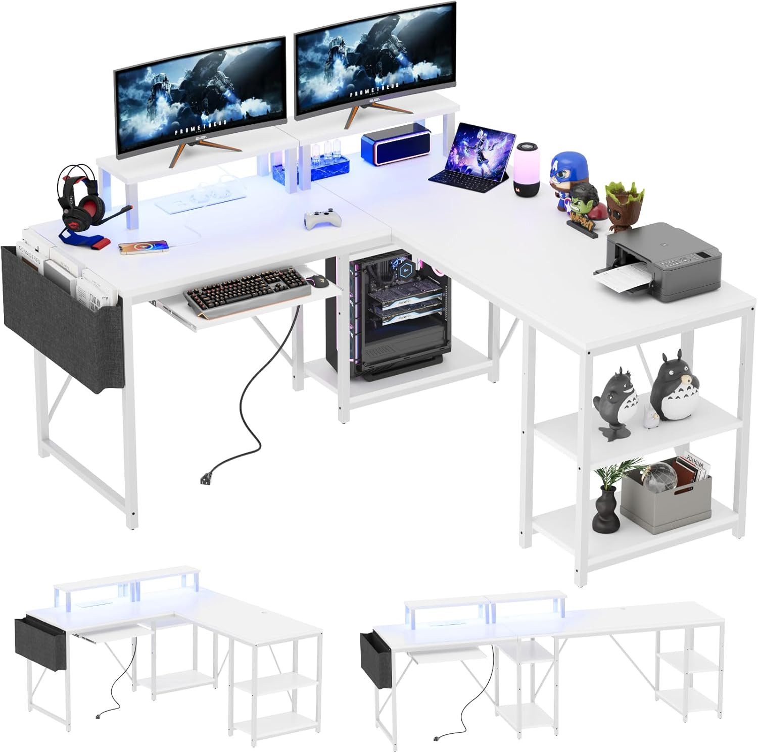 HOMALL Eckschreibtisch Eckschreibtisch Computertisch mit Monitorständer und Tastaturständer (mit RGB LED, Monitorständer & Ablagefach, 2 Steckdosen + 2 USB-Anschlüsse)